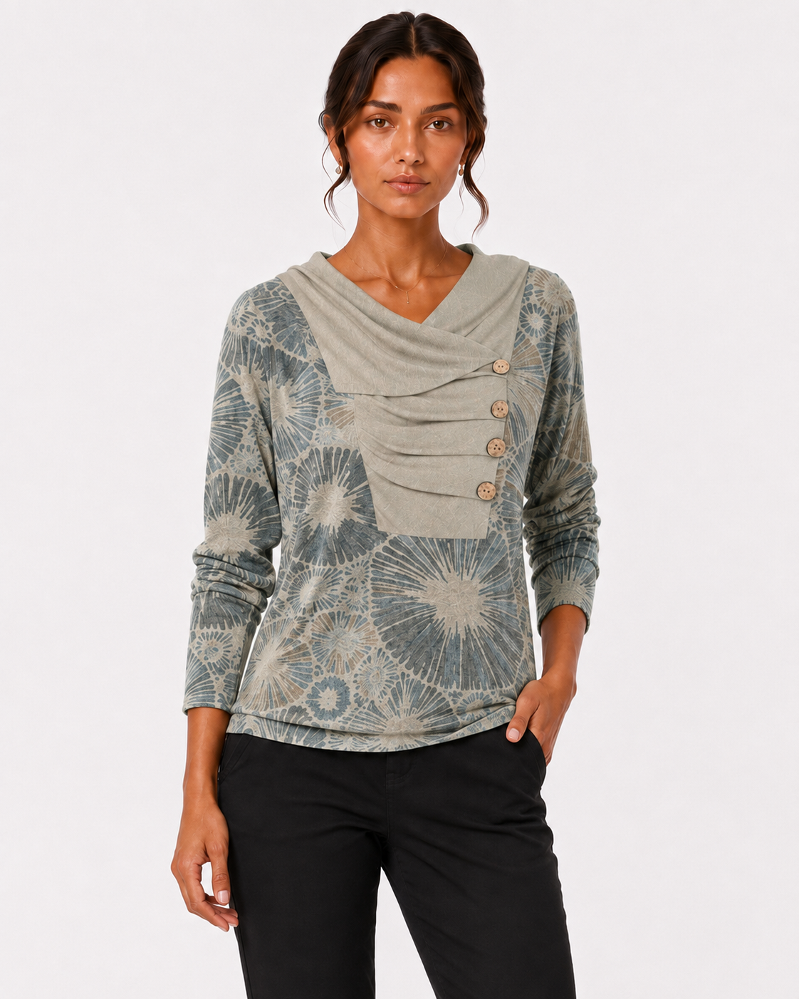 Boho-Print Draped Cowl-Neck Button-Down Top