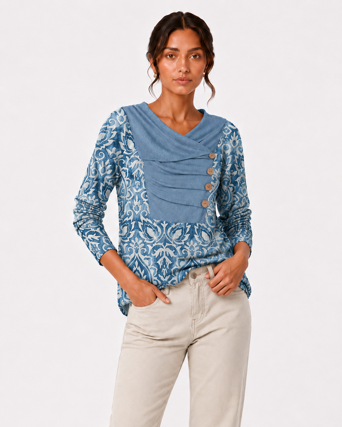 Boho-Print Draped Cowl-Neck Button-Down Top