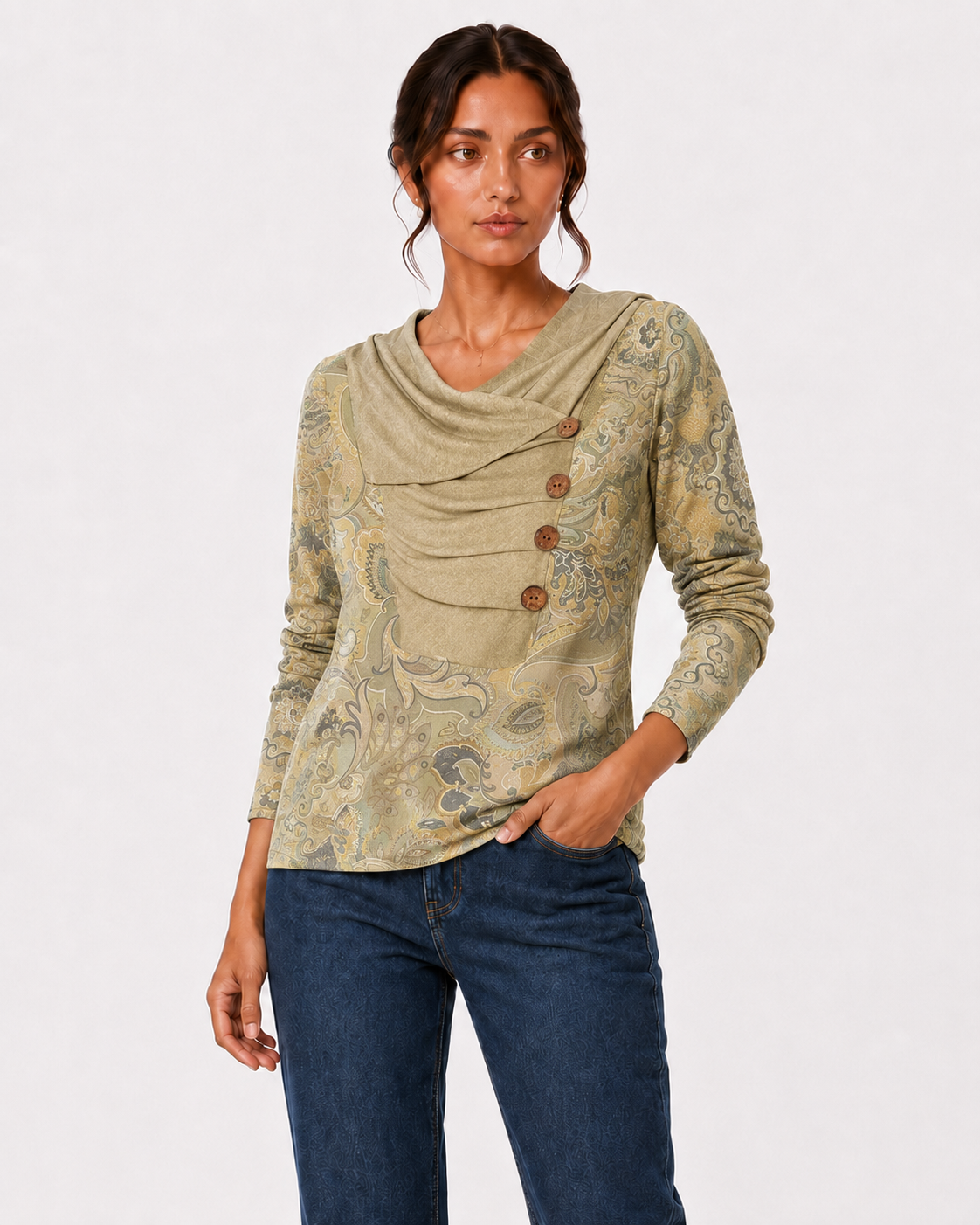 Boho-Print Draped Cowl-Neck Button-Down Top