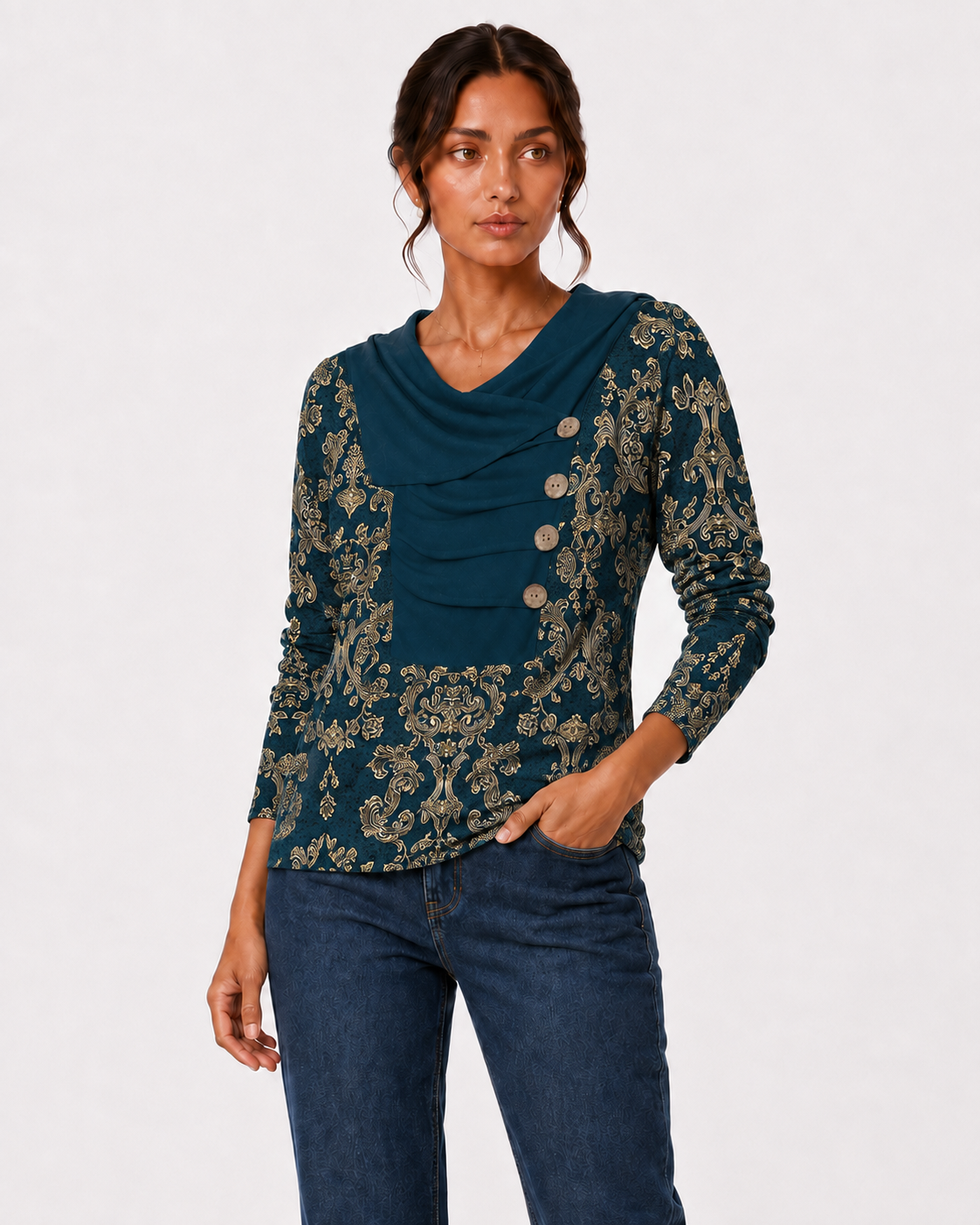 Boho-Print Draped Cowl-Neck Button-Down Top