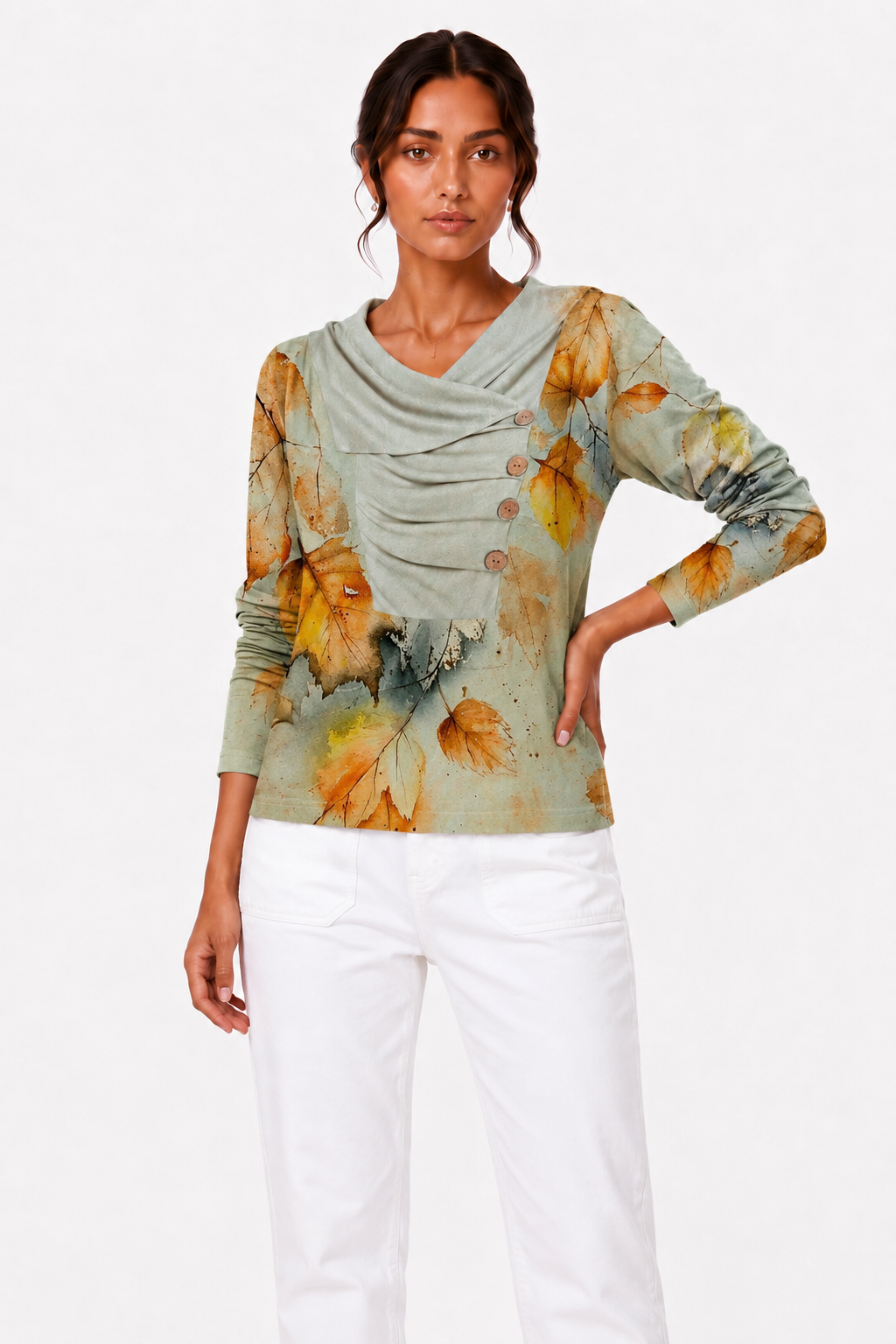 Boho-Print Draped Cowl-Neck Button-Down Top