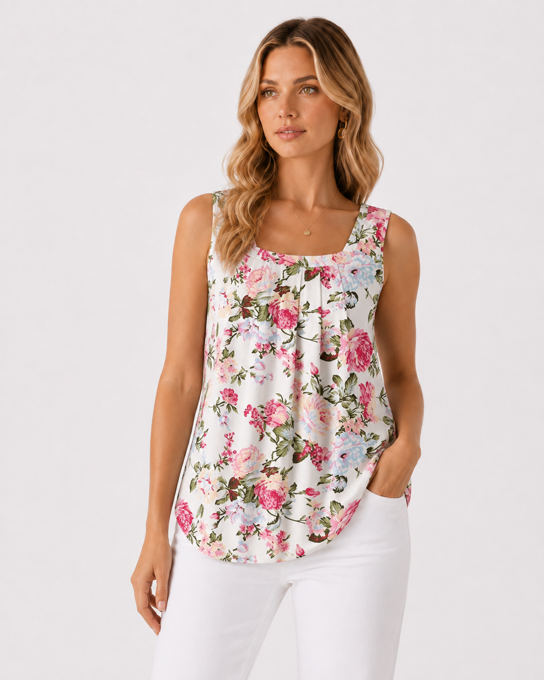 Floral Square Neck Sleeveless Tank Top