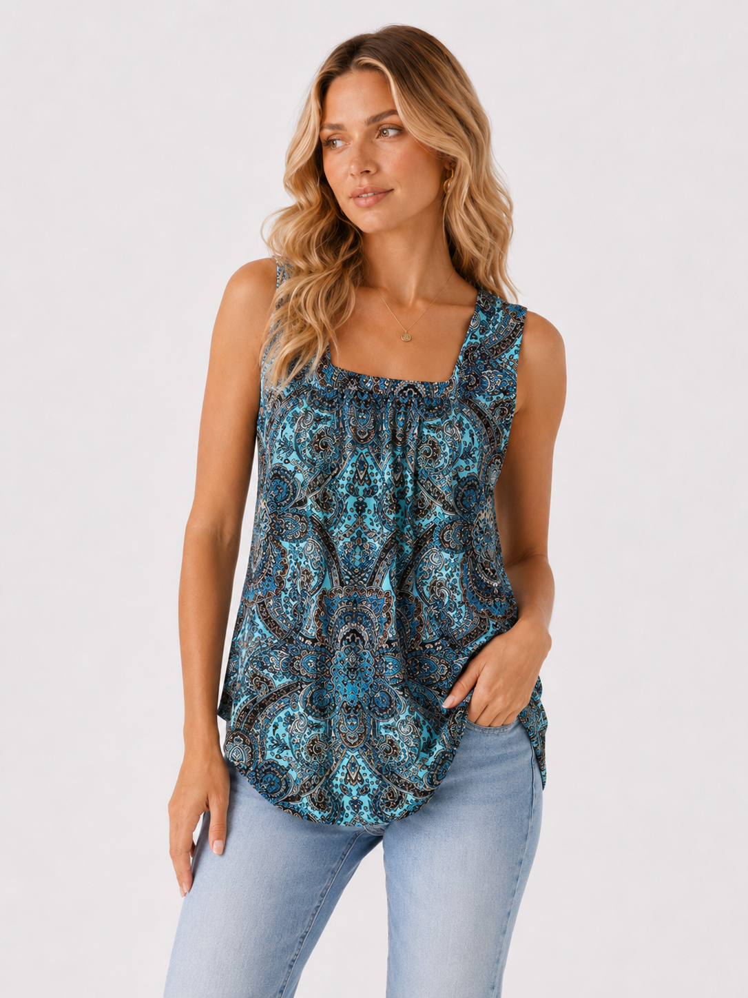 Boho Paisley Sleeveless Square-Neck Tank Top
