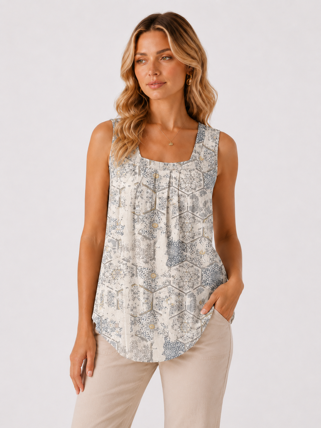 Geometric Print Square Neck Sleeveless Tank Top