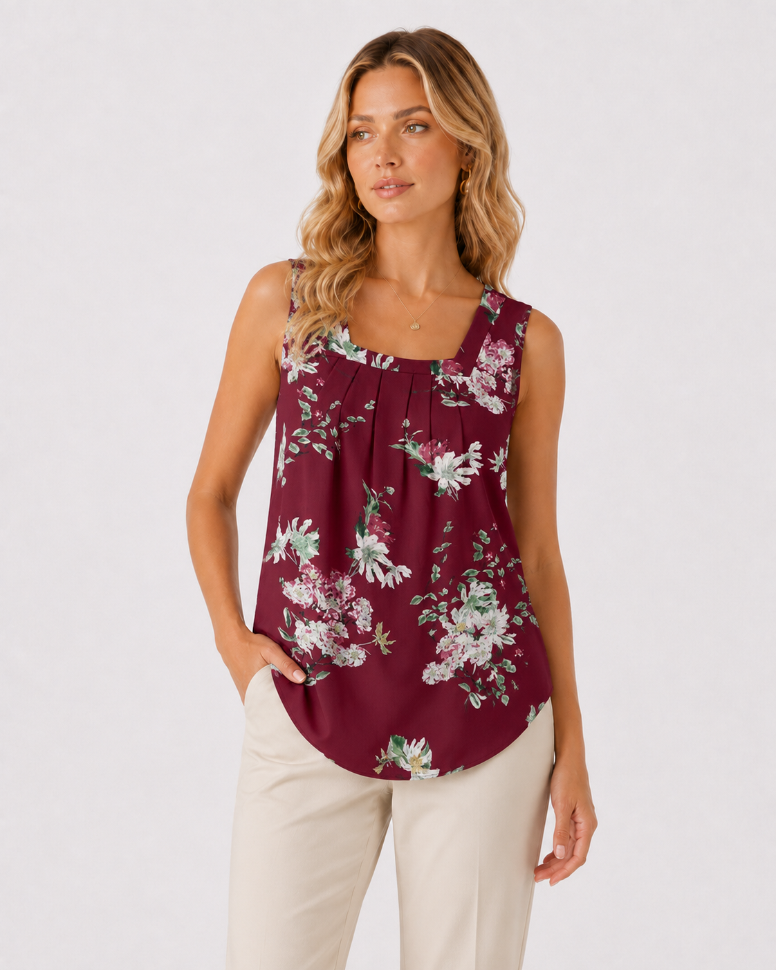 Floral Square Neck Sleeveless Tank Top