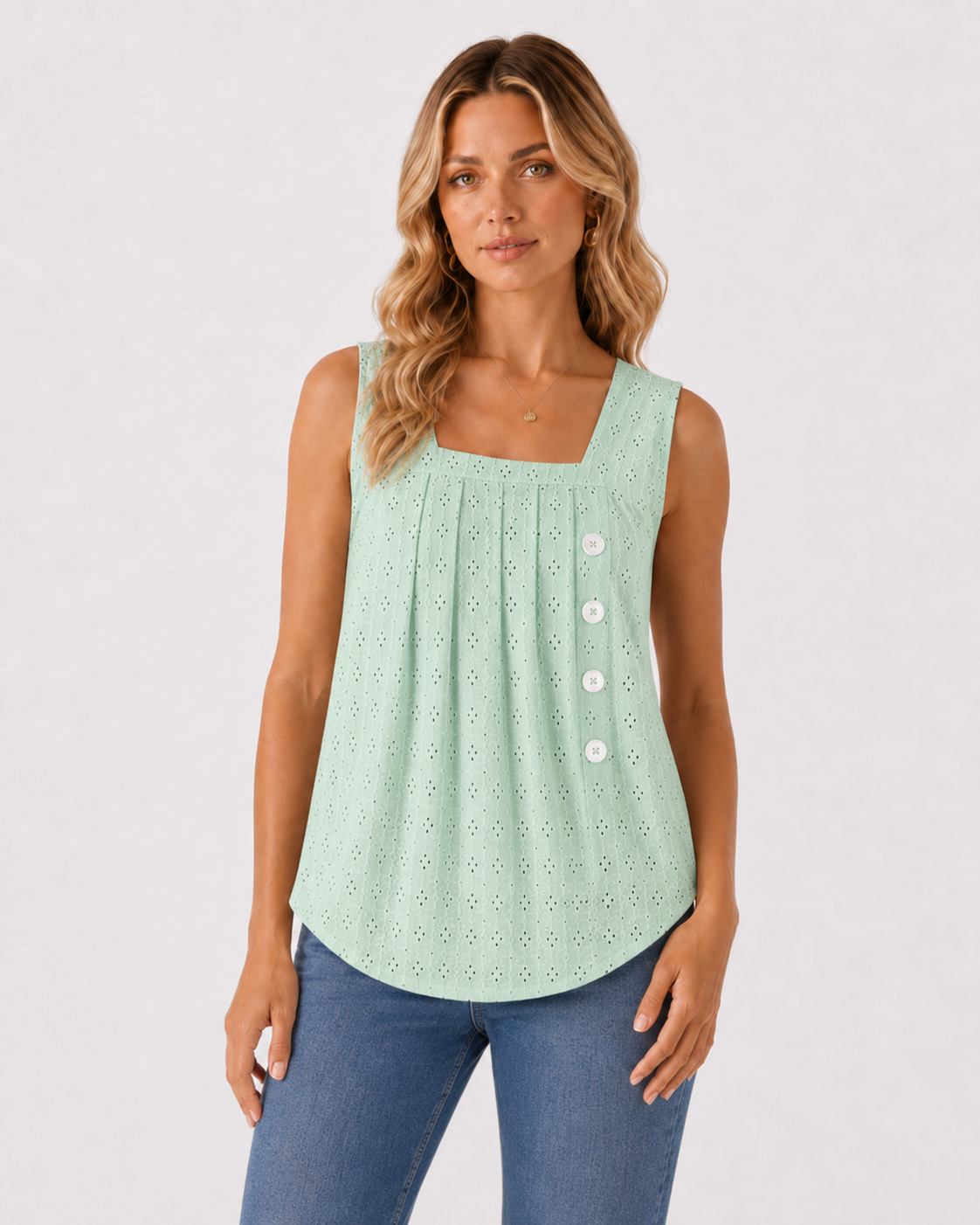Eyelet Square Neck Sleeveless Button Tank Top