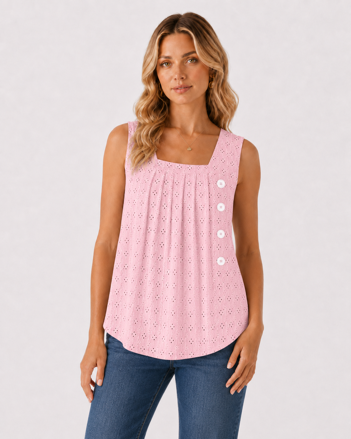 Eyelet Square Neck Sleeveless Button Tank Top