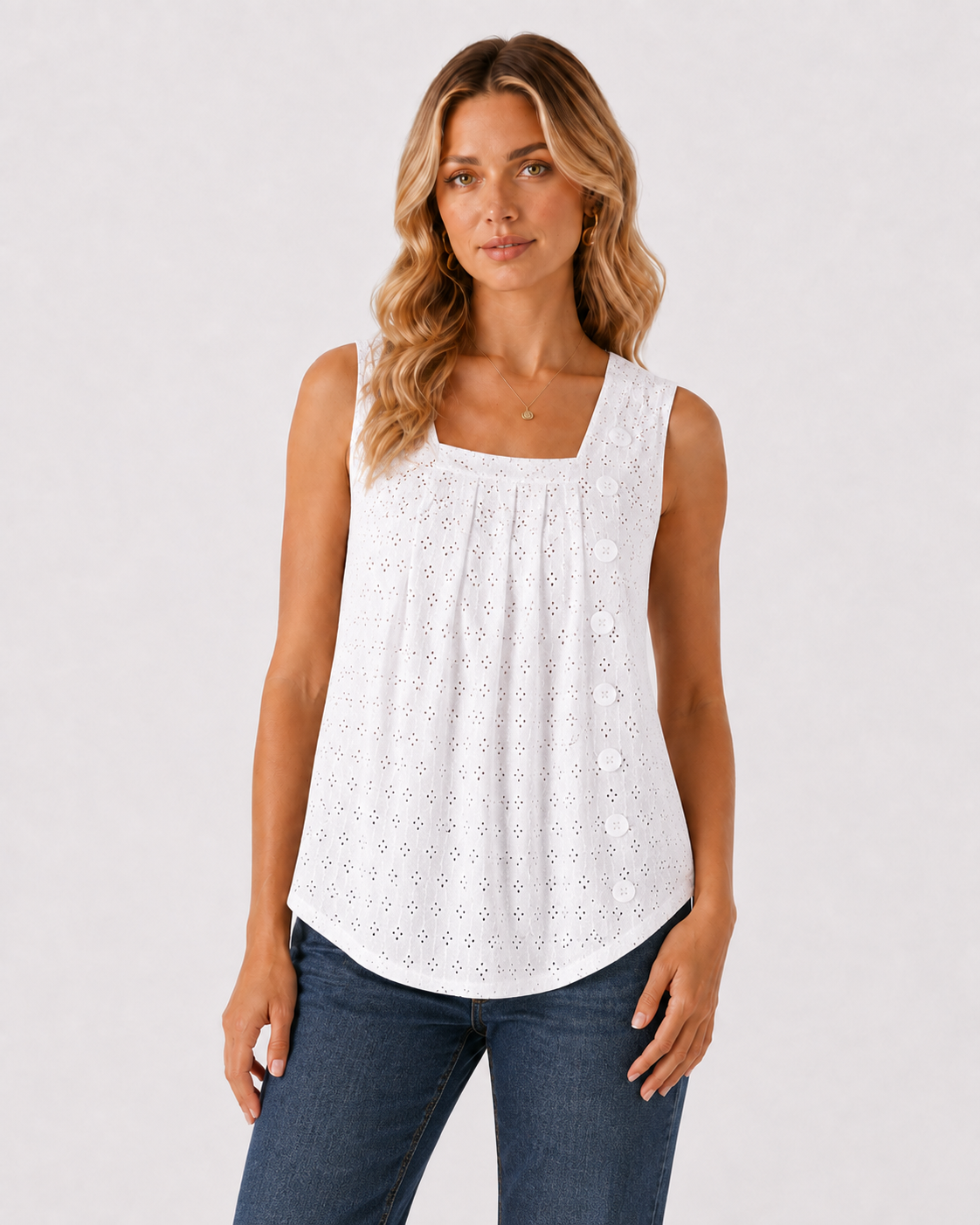 Eyelet Square Neck Sleeveless Button Tank Top