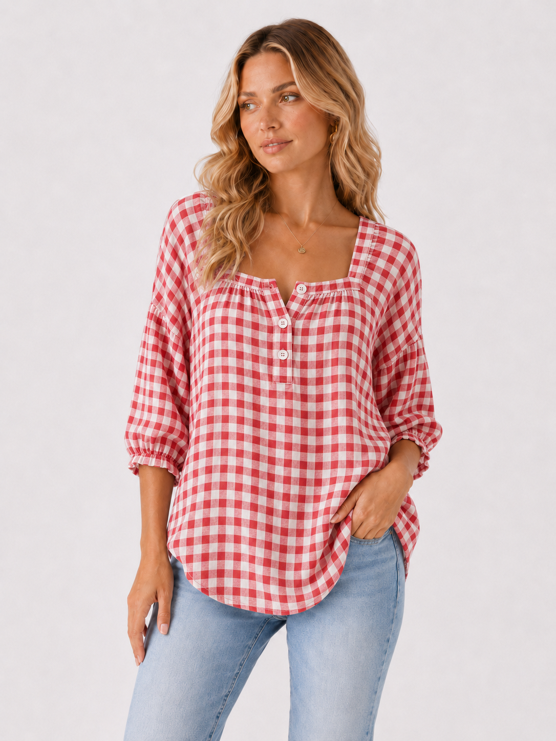 Gingham Square Neck Button Front Blouse