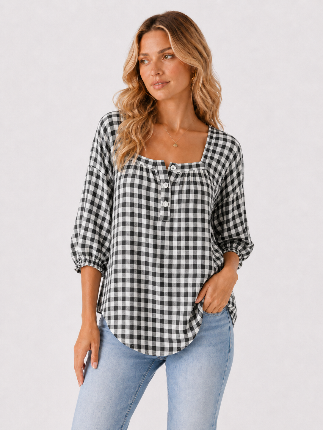 Gingham Square Neck Button Front Blouse