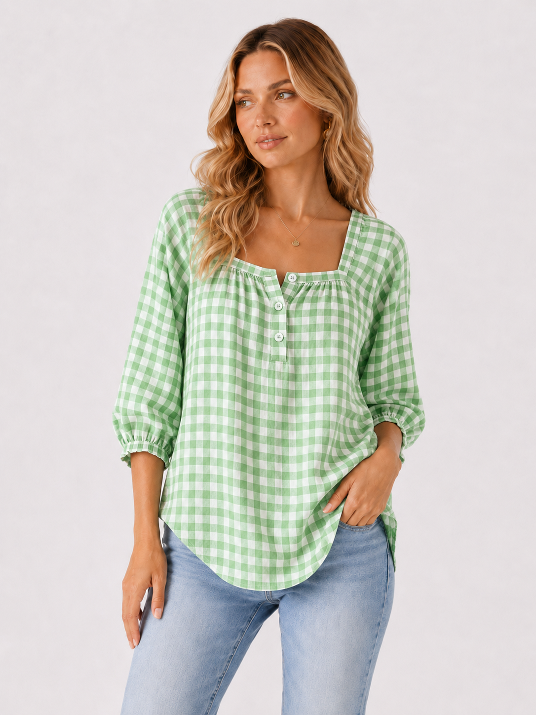 Gingham Square Neck Button Front Blouse