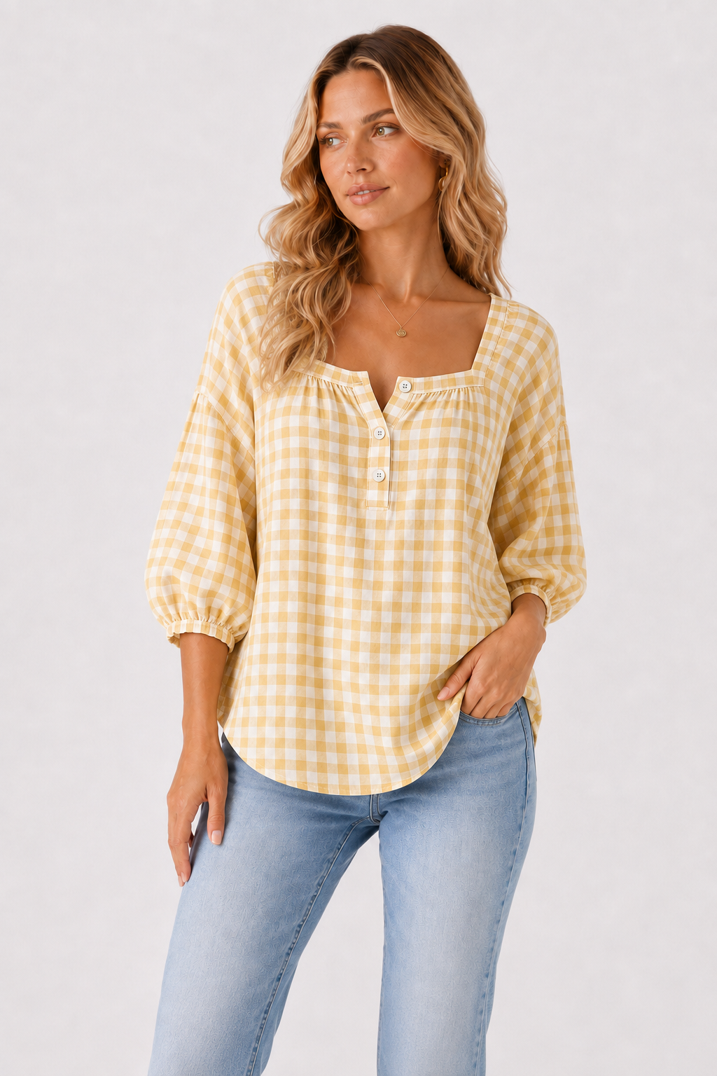 Gingham Square Neck Button Front Blouse