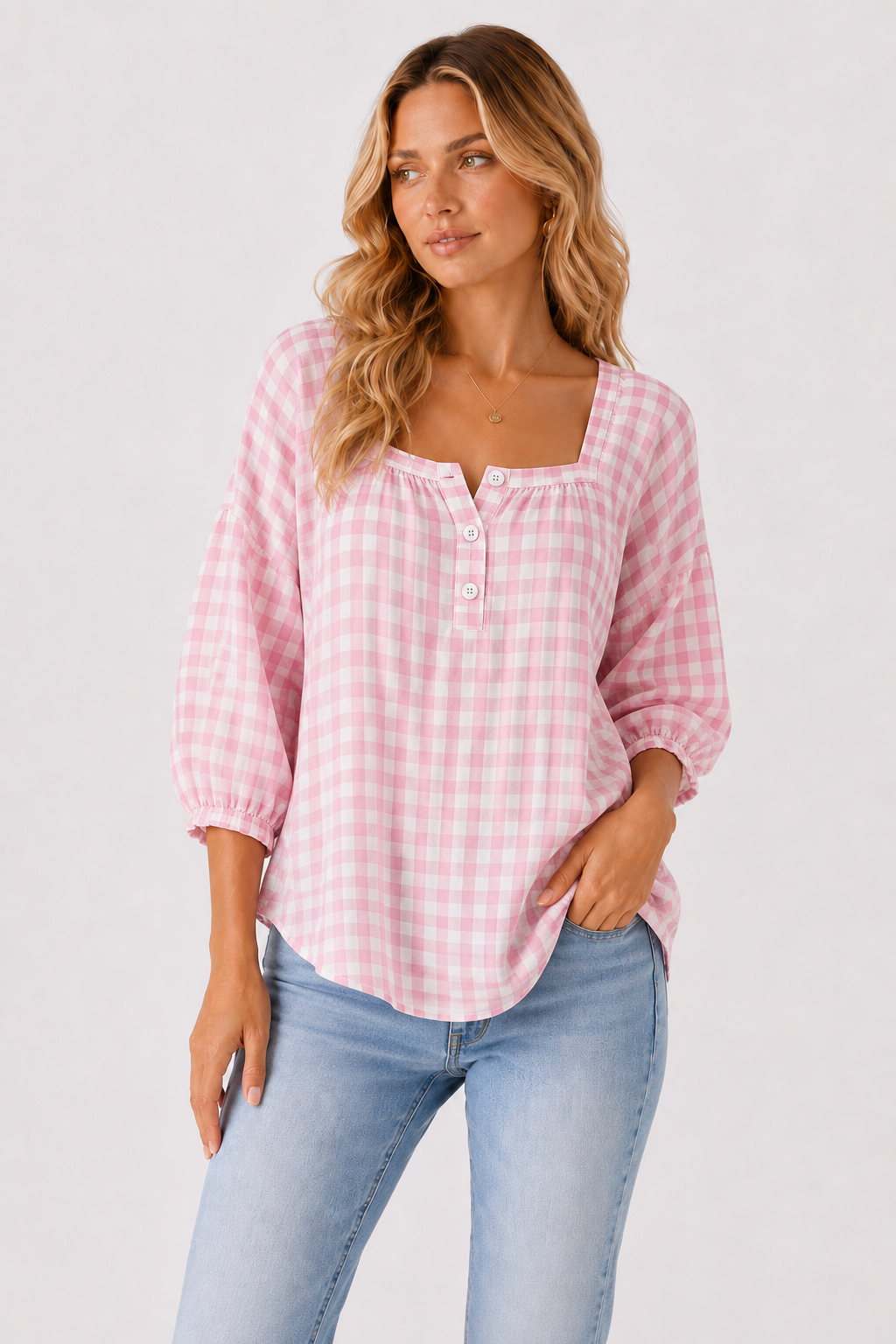 Gingham Square Neck Button Front Blouse
