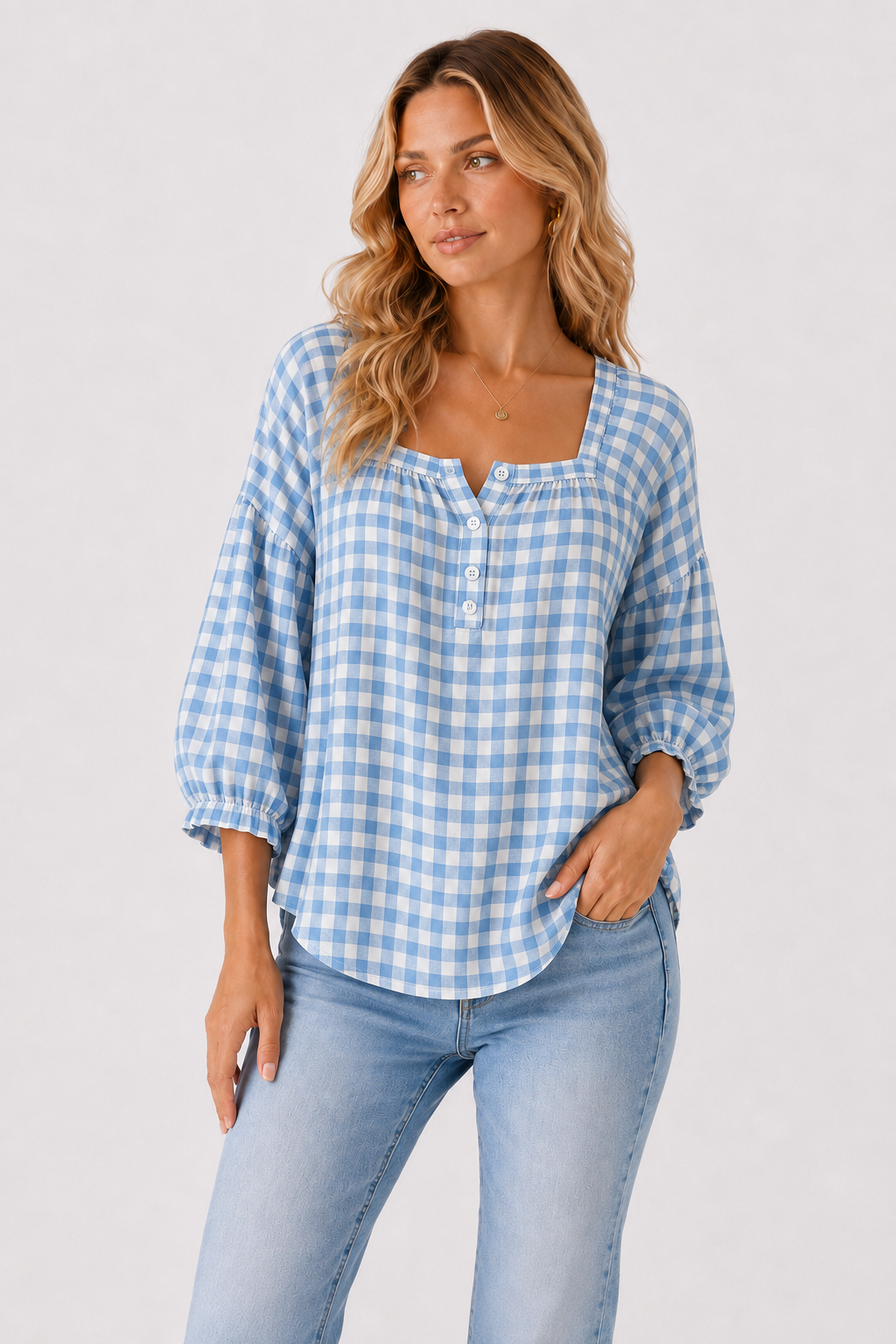 Gingham Square Neck Button Front Blouse