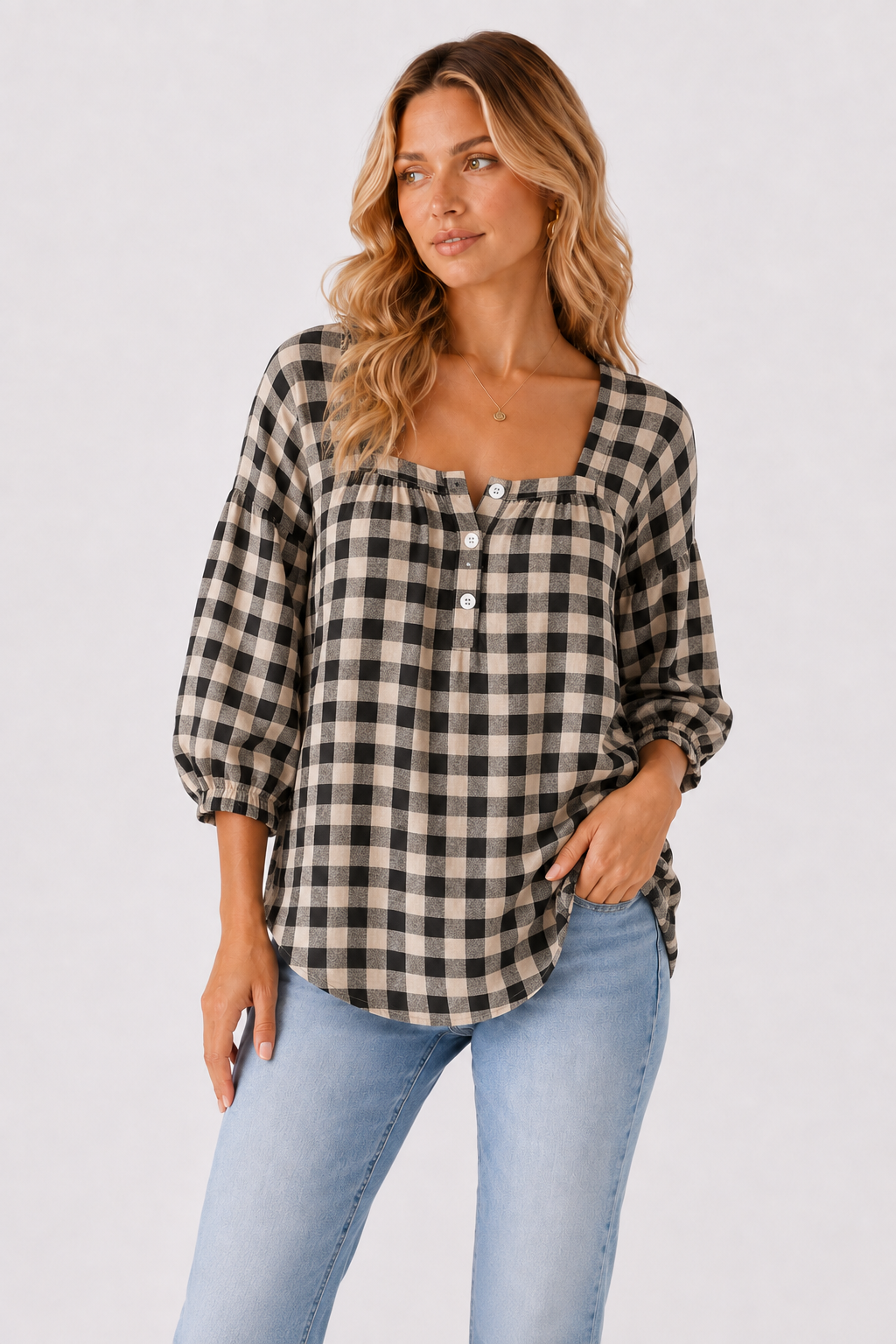 Gingham Square Neck Button Front Blouse