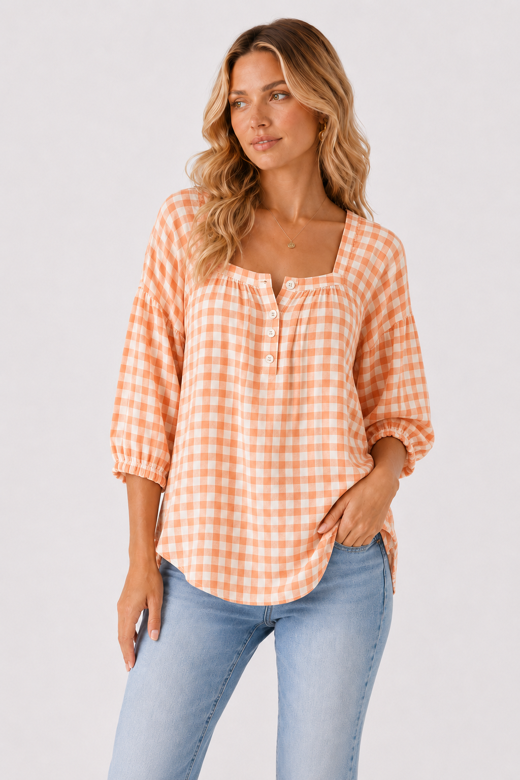 Gingham Square Neck Button Front Blouse