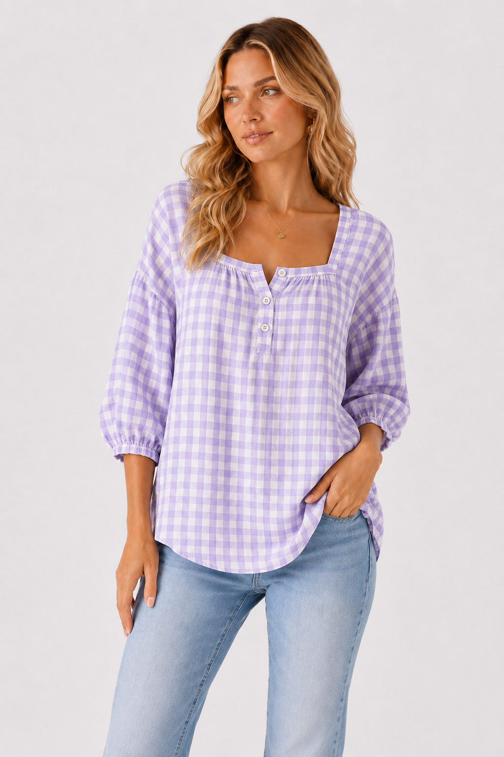 Gingham Square Neck Button Front Blouse