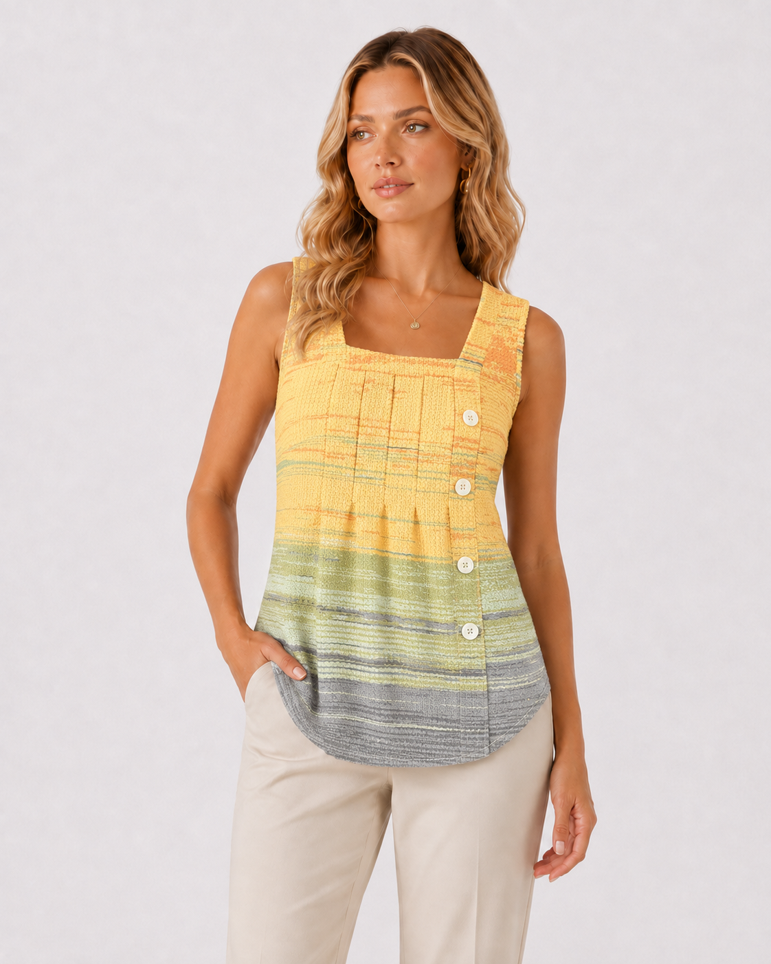 Colorblock Square Neck Sleeveless Button Tank Top