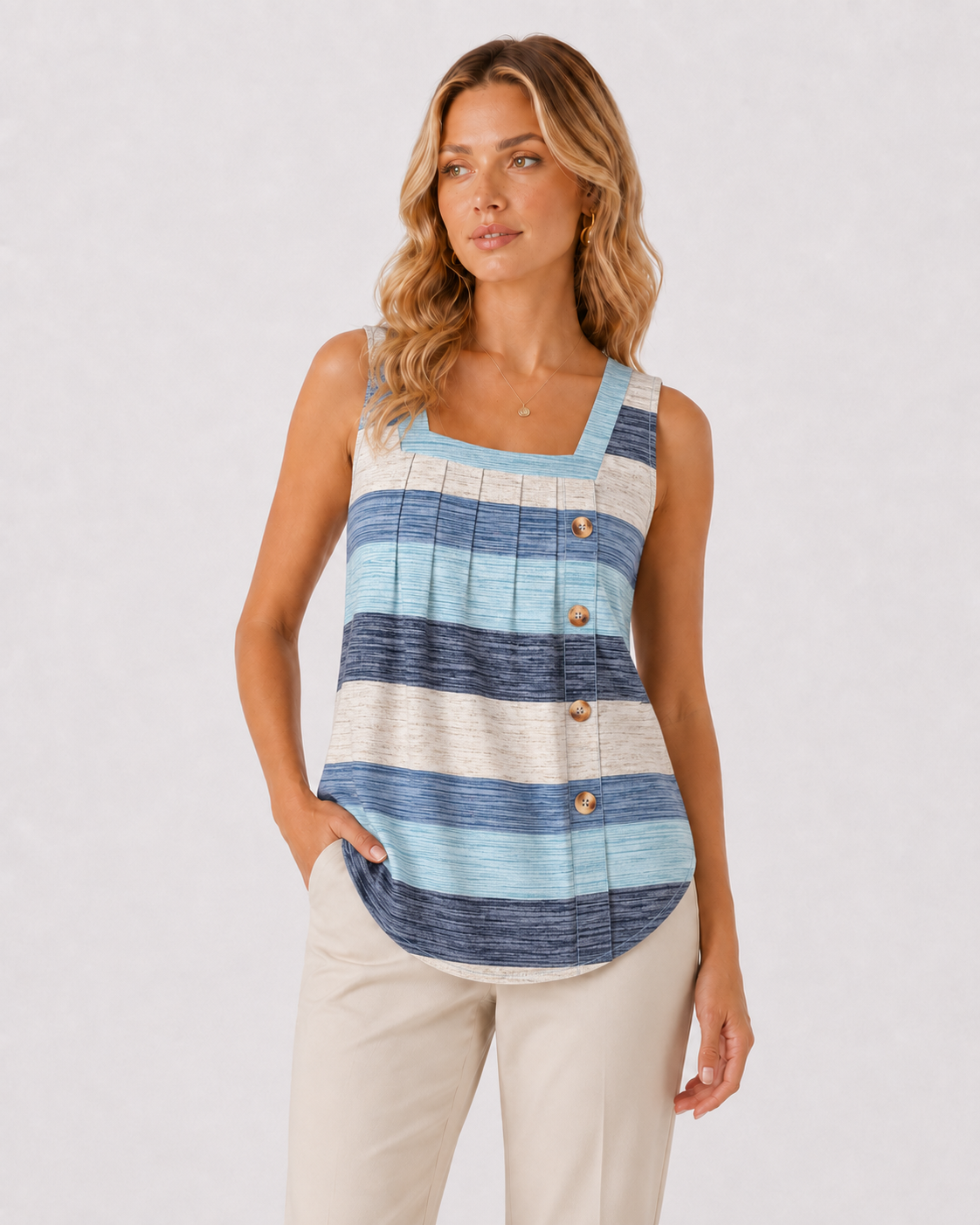Striped Square Neck Sleeveless Button Tank Top