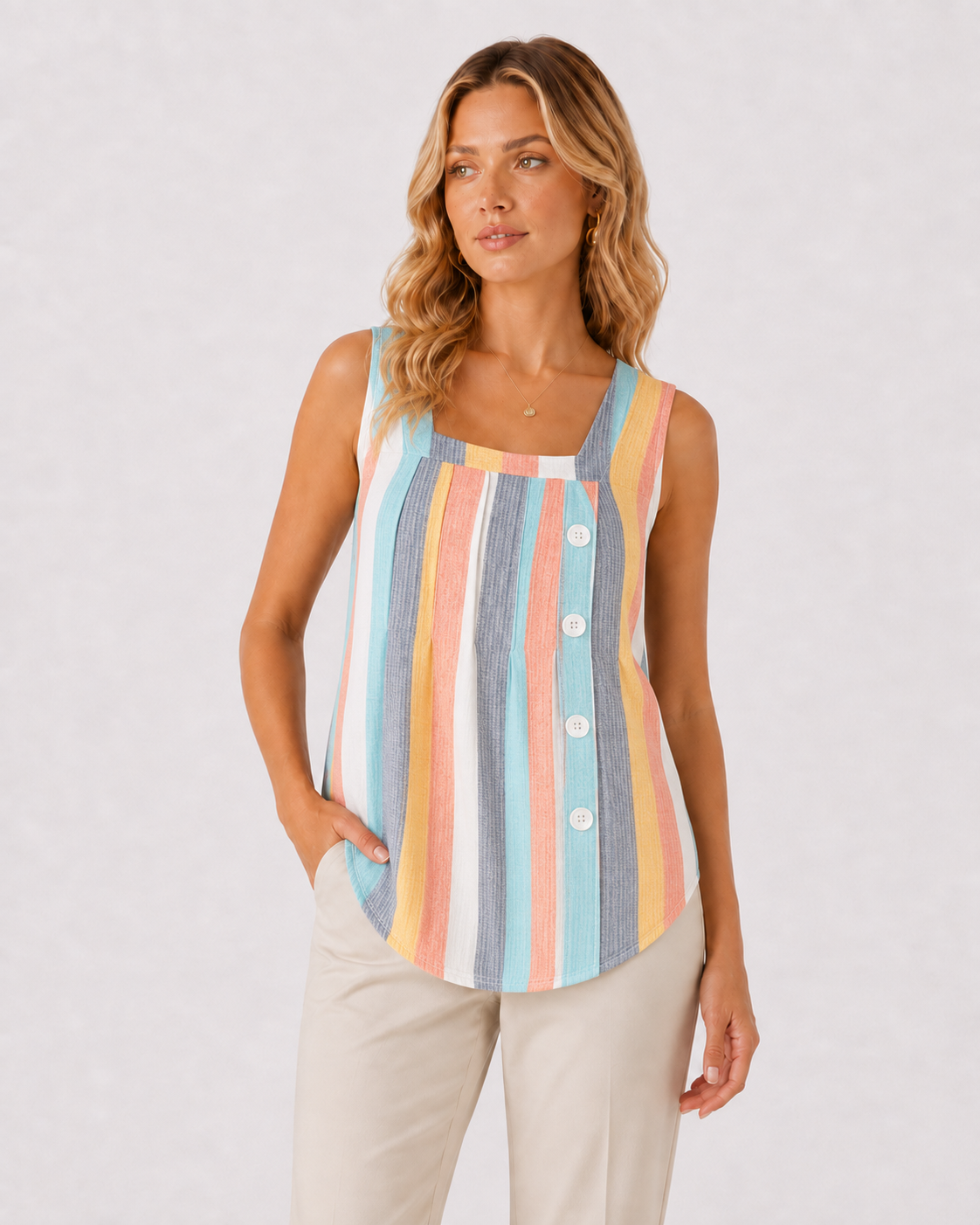 Striped Square Neck Sleeveless Button Tank Top