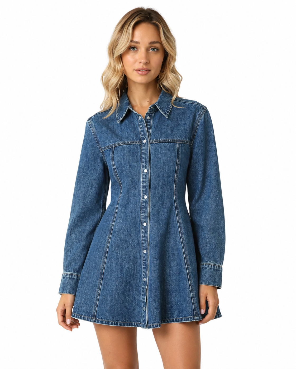 Denim Button Front Fit & Flare Mini Dress