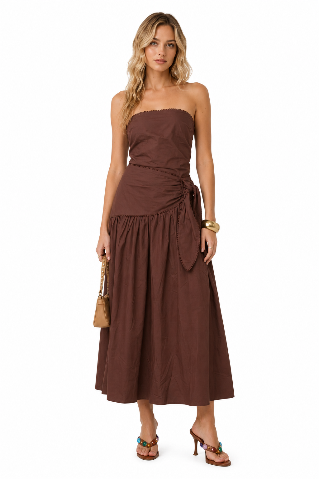 Chocolate Brown Strapless Tie-Waist Midi Dress