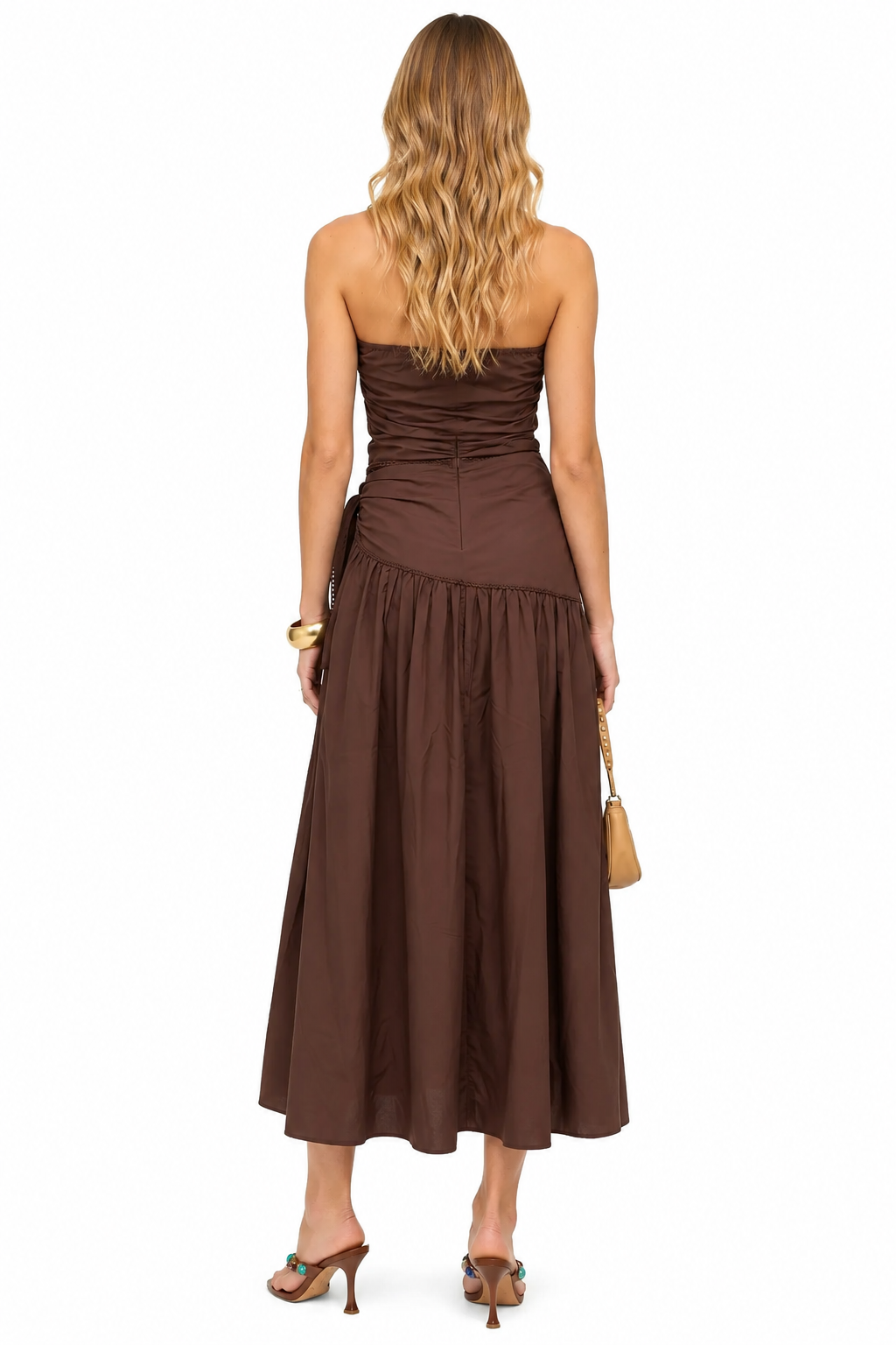 Chocolate Brown Strapless Tie-Waist Midi Dress