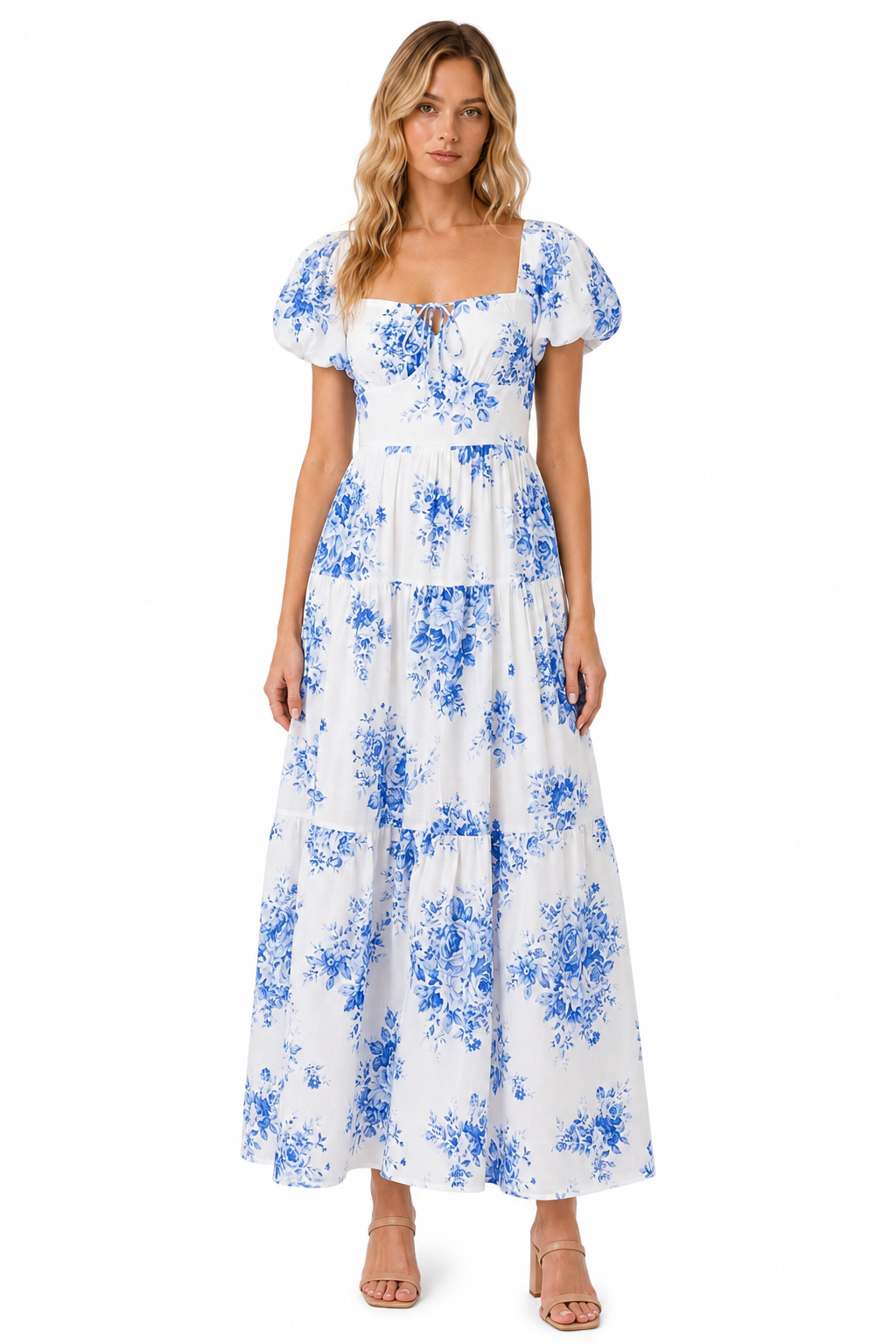 Blue Floral Puff Sleeve Open Back Maxi Dress