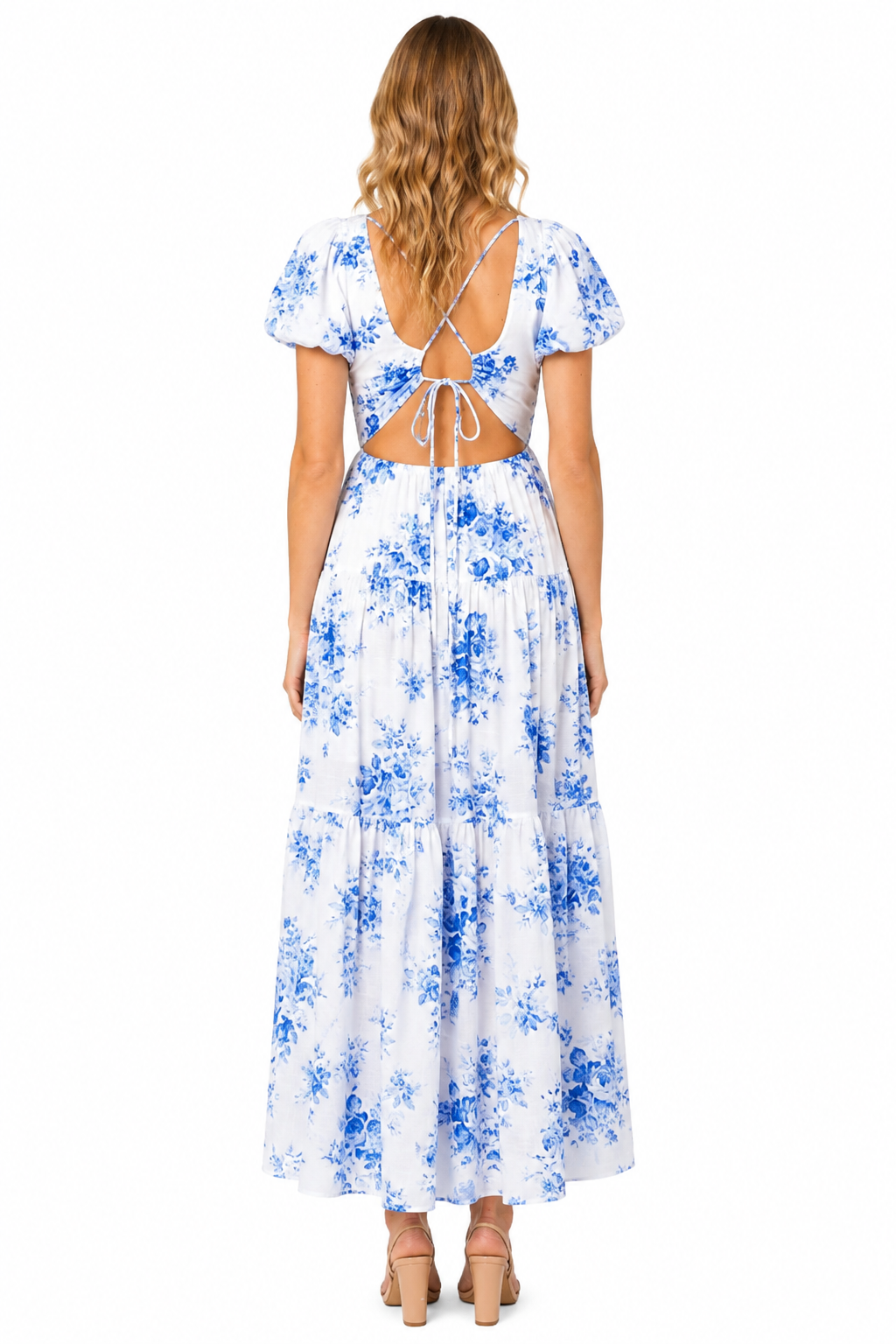Blue Floral Puff Sleeve Open Back Maxi Dress
