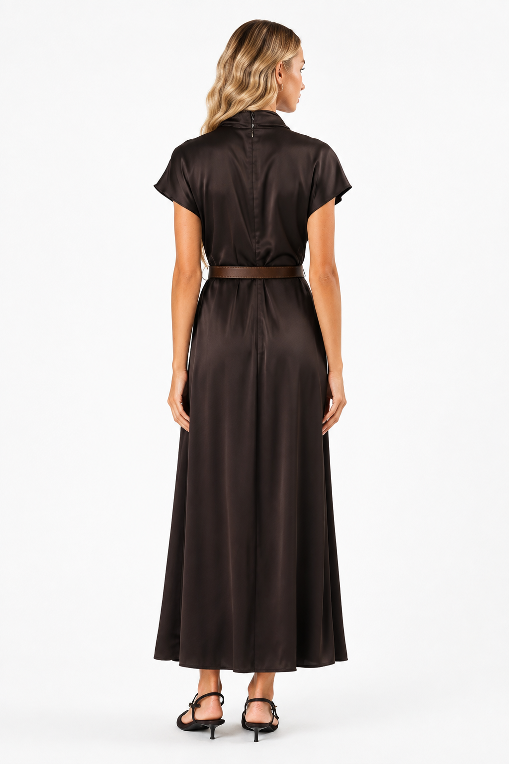 Chocolate Brown Satin Cowl Neck Belted Midi Dress