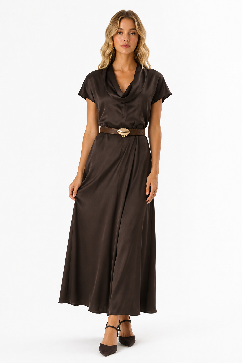 Chocolate Brown Satin Cowl Neck Belted Midi Dress