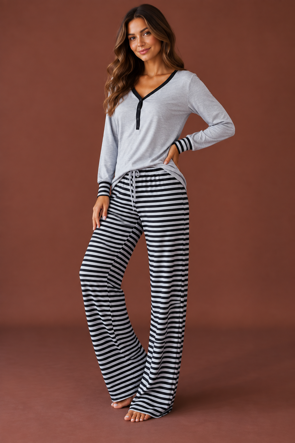 Contrast Trim Henley Top & Striped Wide-Leg Pants Lounge Set