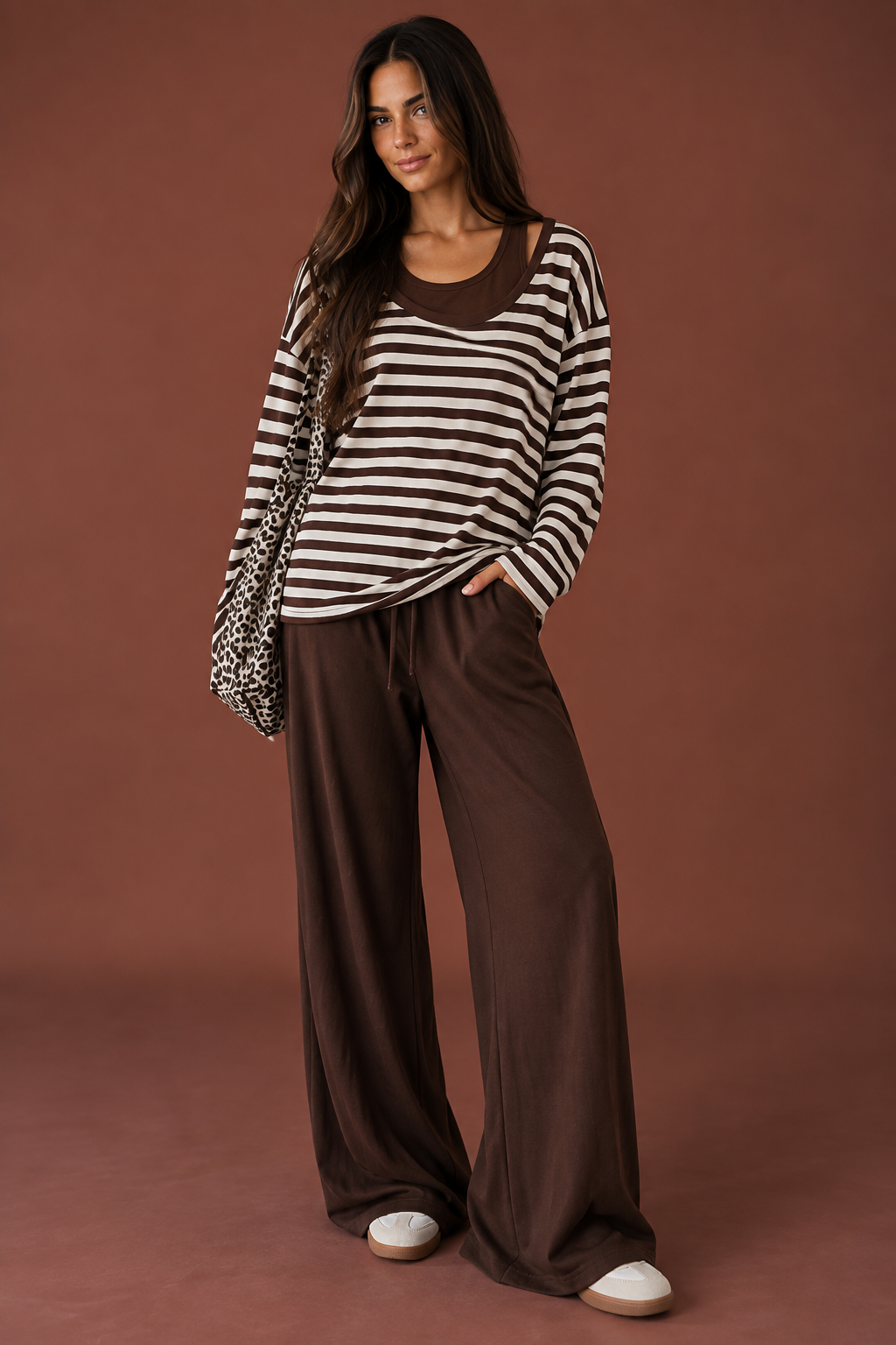 Striped Henley Top & Wide-Leg Lounge Pants Set