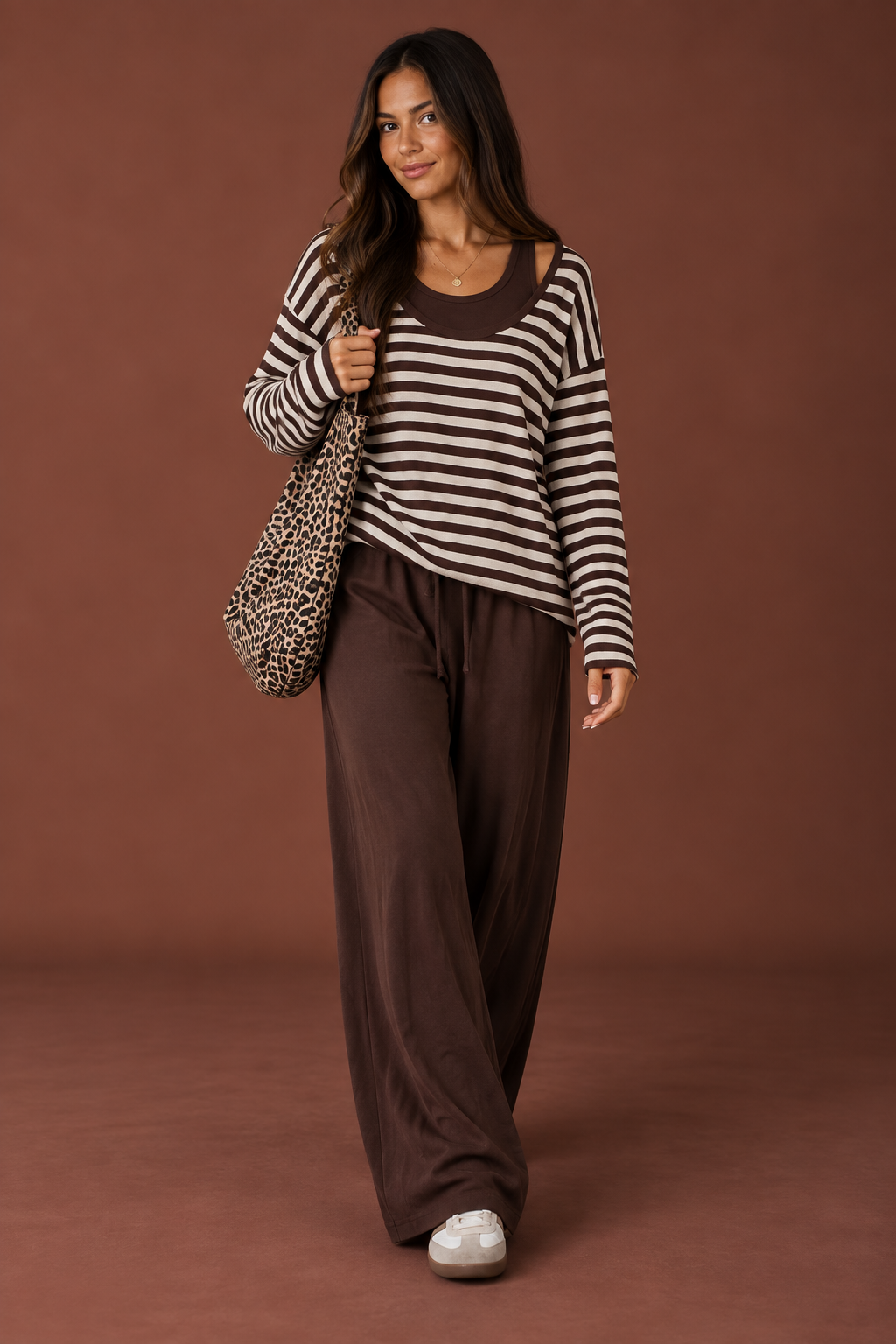 Striped Henley Top & Wide-Leg Lounge Pants Set