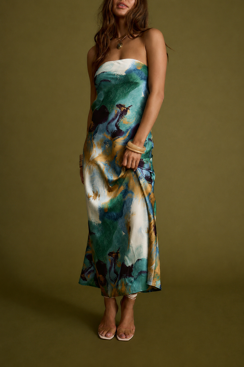 🔥 Limited-Time Sale | Natalia Blue and Gold Watercolor Strapless Maxi Dress