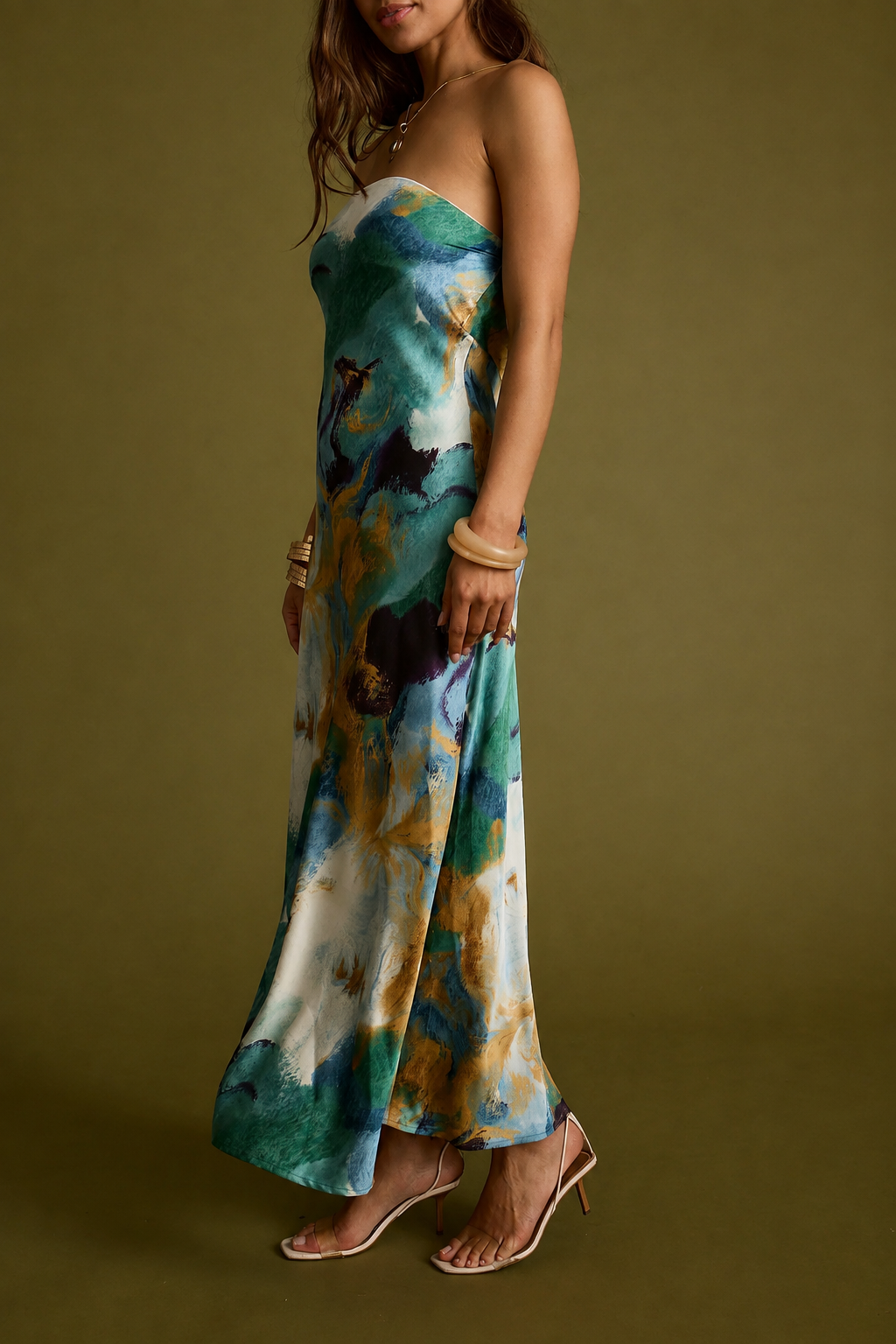 🔥 Limited-Time Sale | Natalia Blue and Gold Watercolor Strapless Maxi Dress