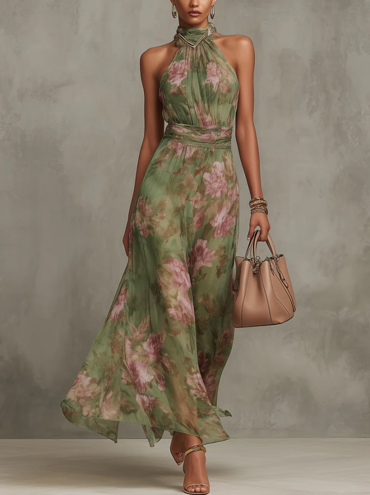 Green Floral Chiffon Slip Maxi Dress