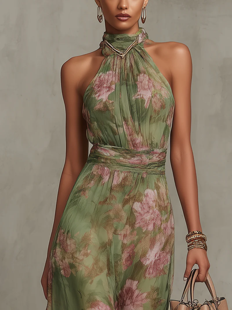 Green Floral Chiffon Slip Maxi Dress