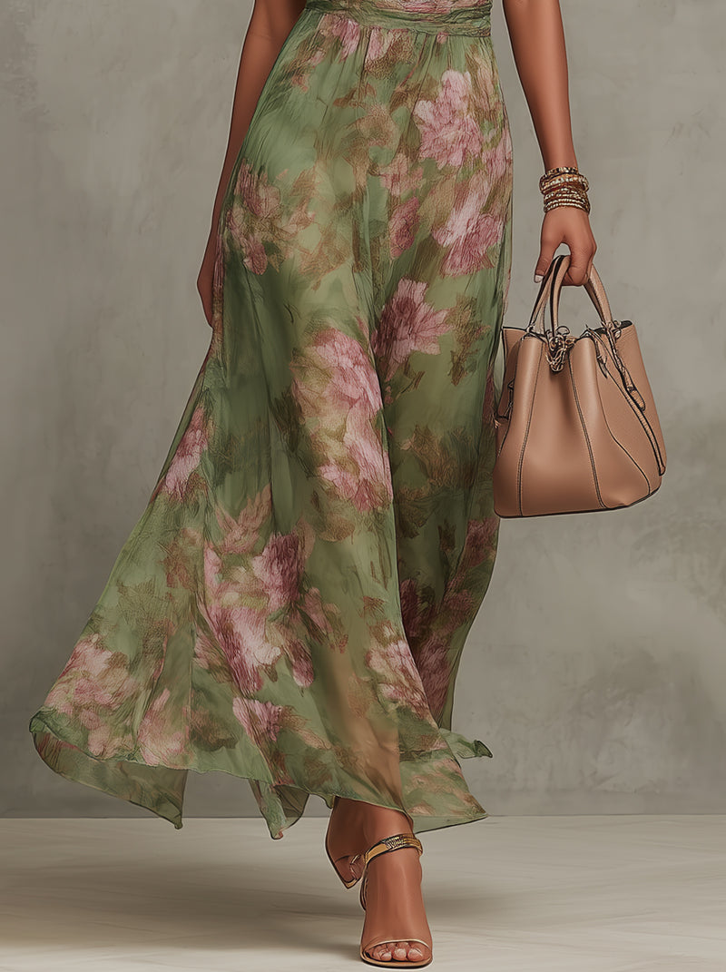 Green Floral Chiffon Slip Maxi Dress