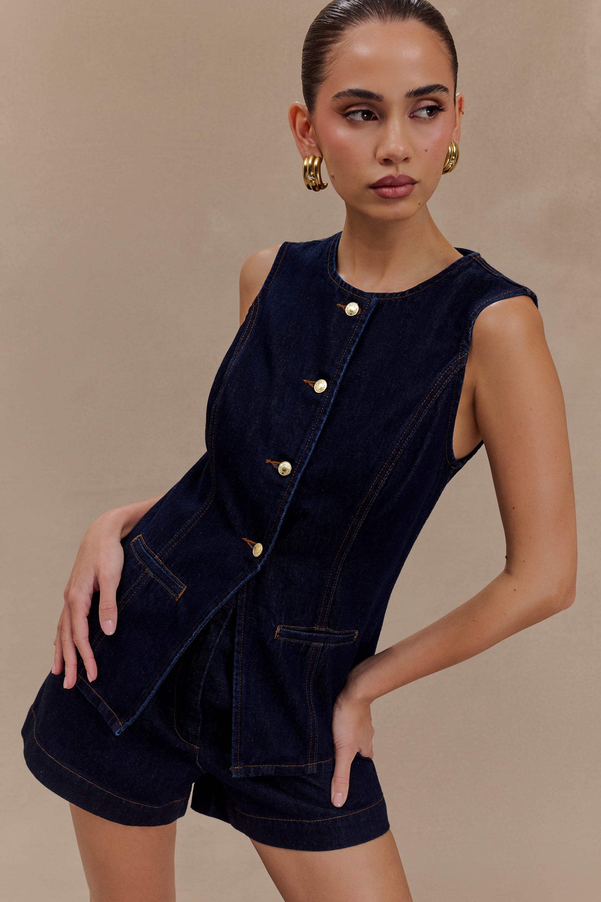 Elegant Denim Vest Shorts Set