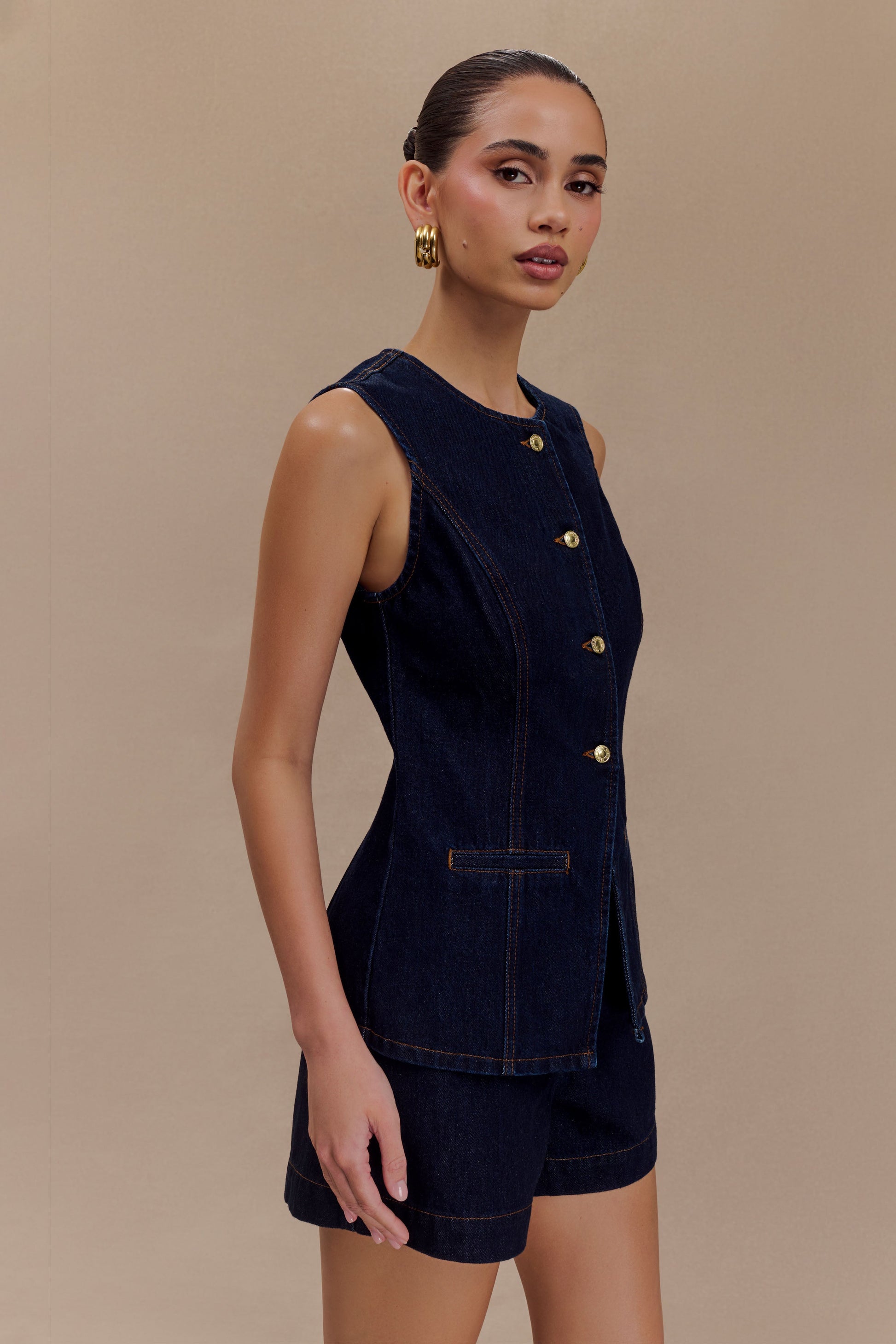 Elegant Denim Vest Shorts Set