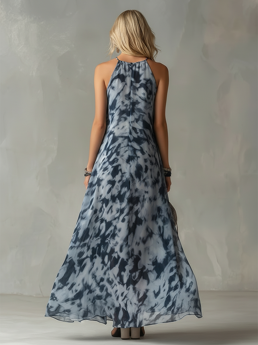 Elegant Urban Navy Blue Impression Print Chiffon Halter Maxi Dress