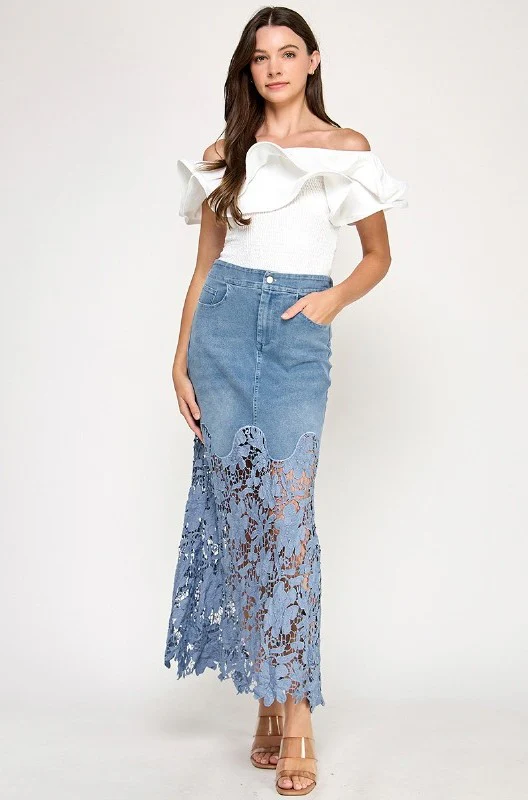 Women Lace Eyelet Patchwork Jean Skirt High Waisted Boho Floral Mesh Sheer Long Denim A Line Maxi Jean Skirt with Pockets