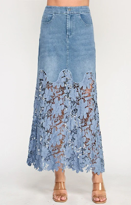 Women Lace Eyelet Patchwork Jean Skirt High Waisted Boho Floral Mesh Sheer Long Denim A Line Maxi Jean Skirt with Pockets