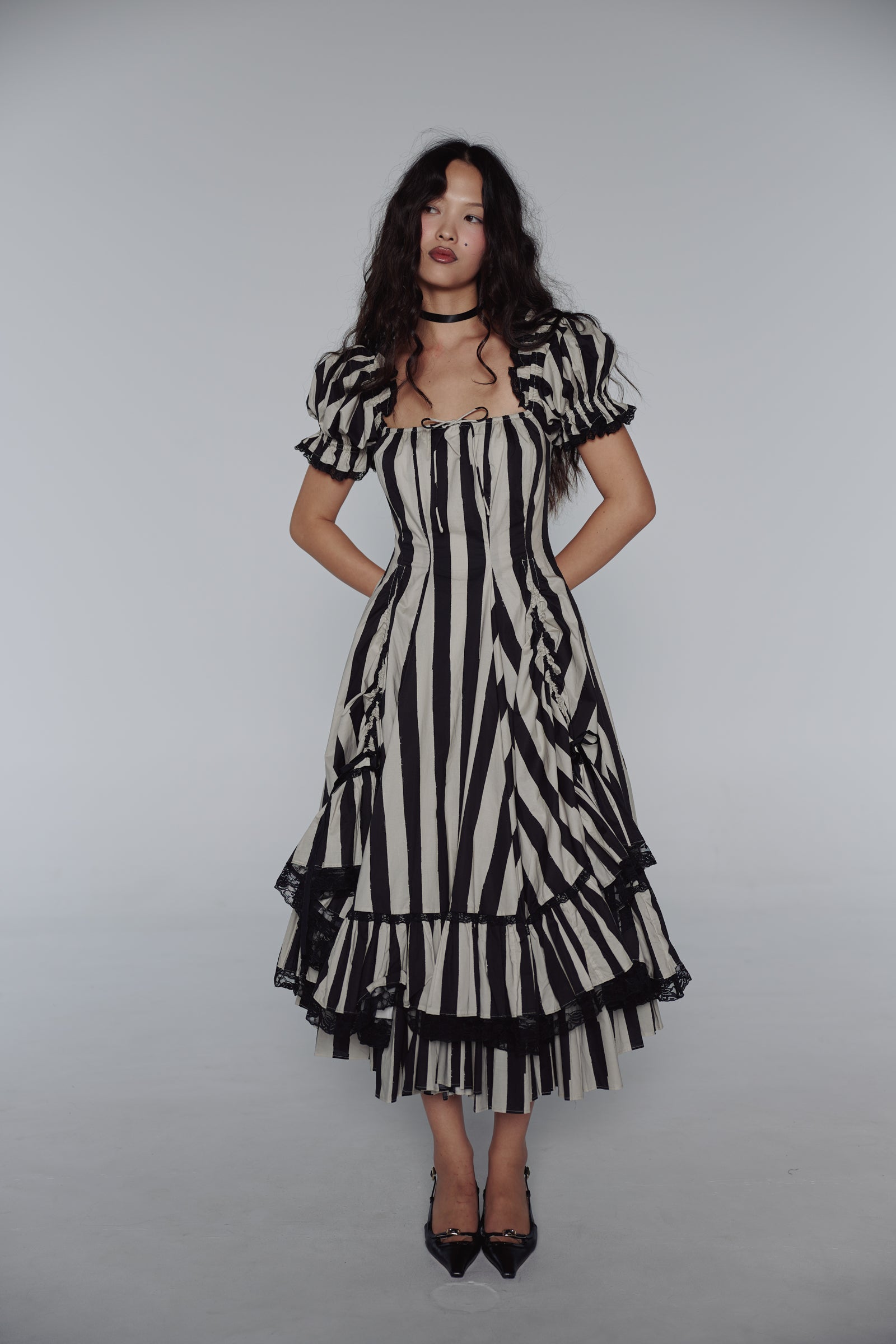 Vintage Gothic Striped Lace Midi Dress