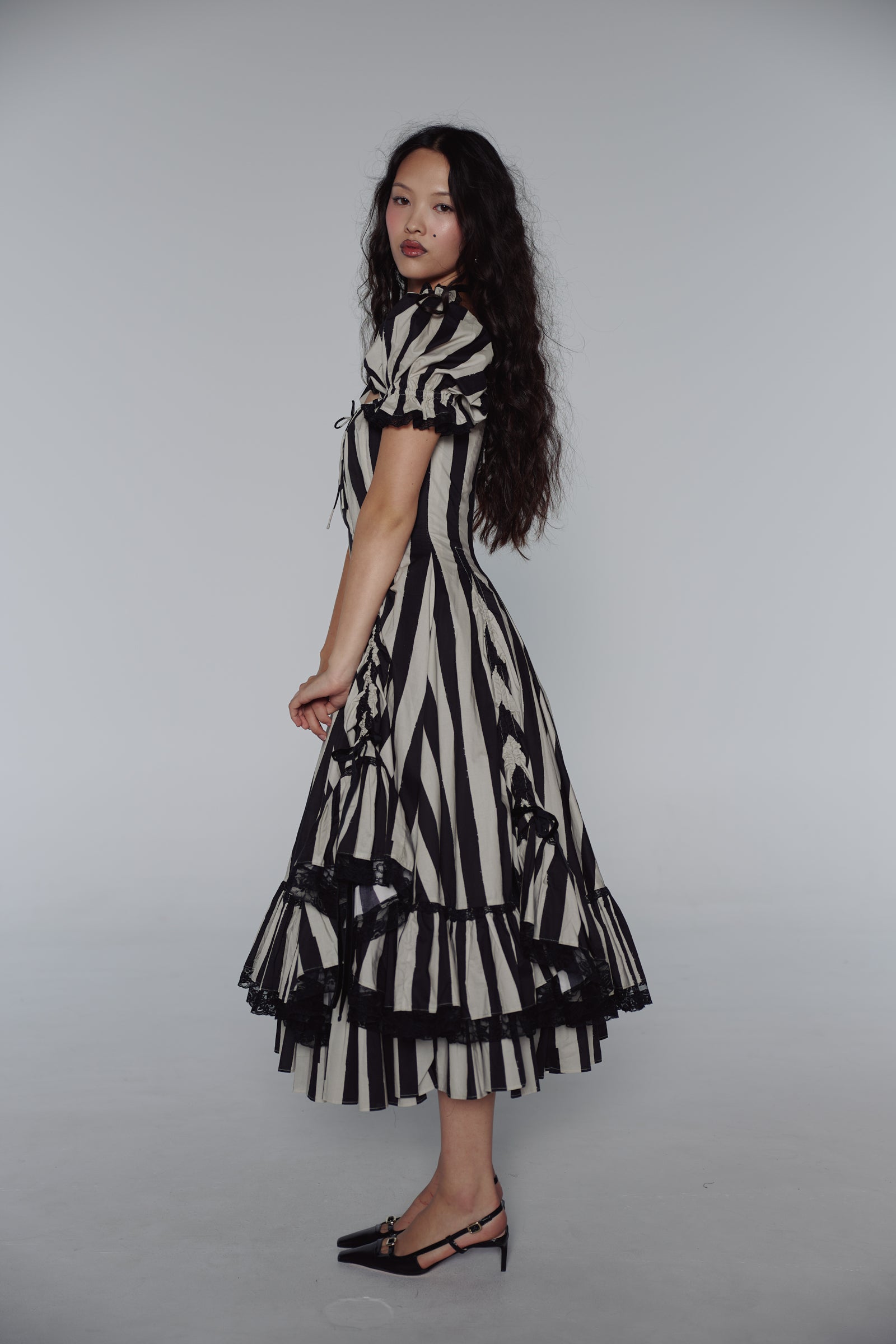 Vintage Gothic Striped Lace Midi Dress