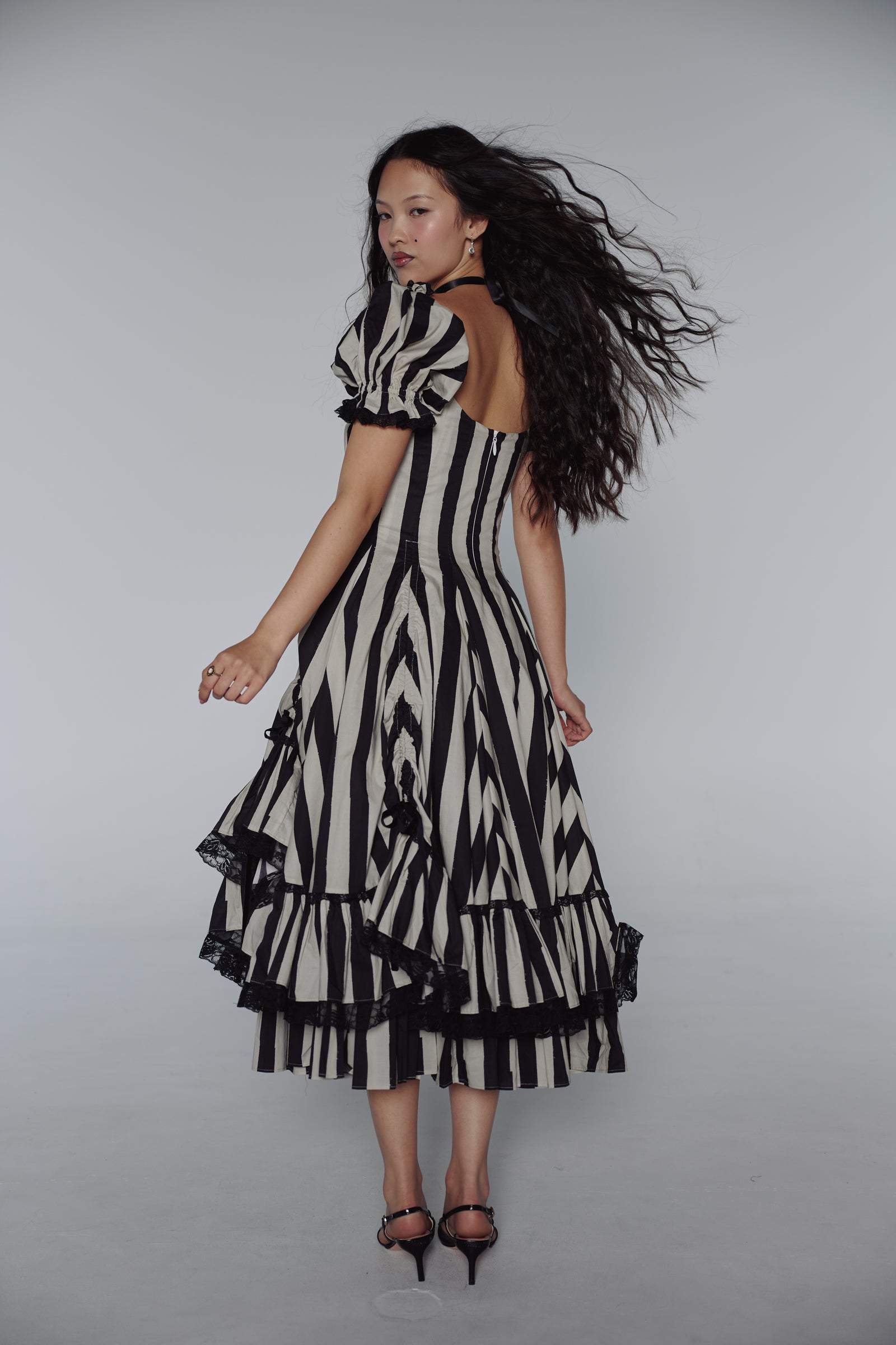 Vintage Gothic Striped Lace Midi Dress