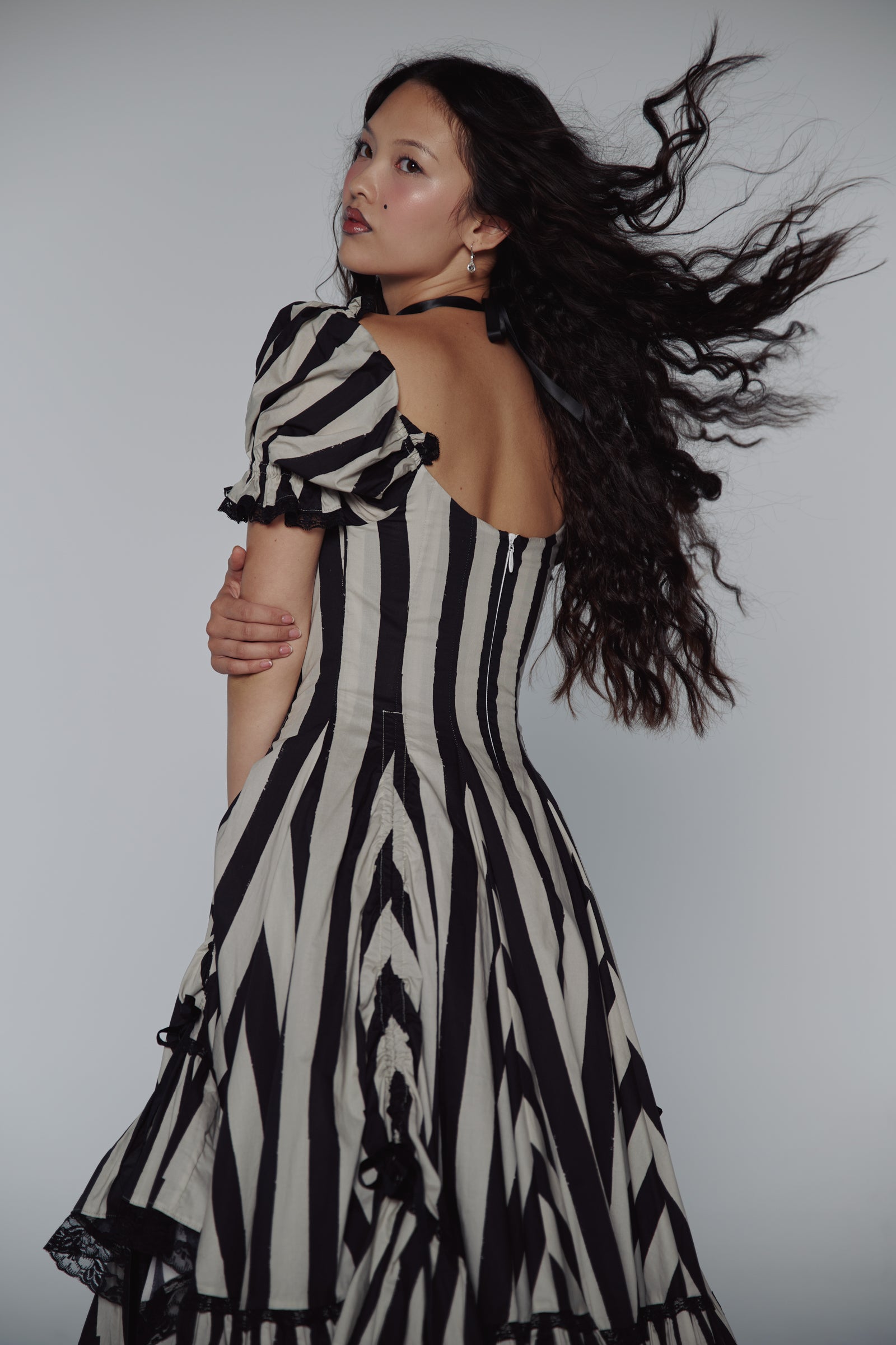 Vintage Gothic Striped Lace Midi Dress