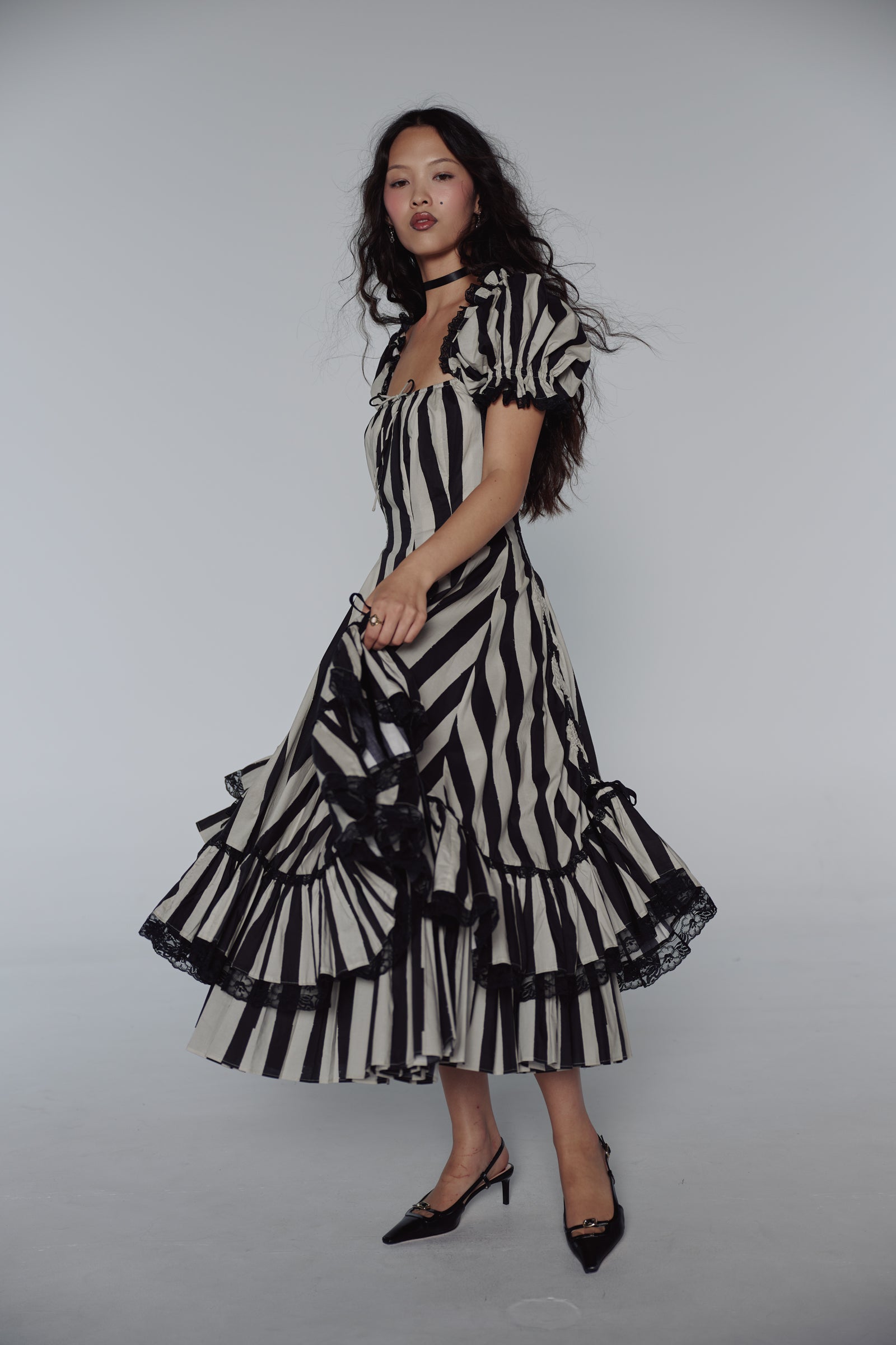 Vintage Gothic Striped Lace Midi Dress