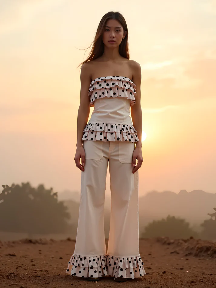 Noctis Beige Polka Dot Print Co-Ord Set